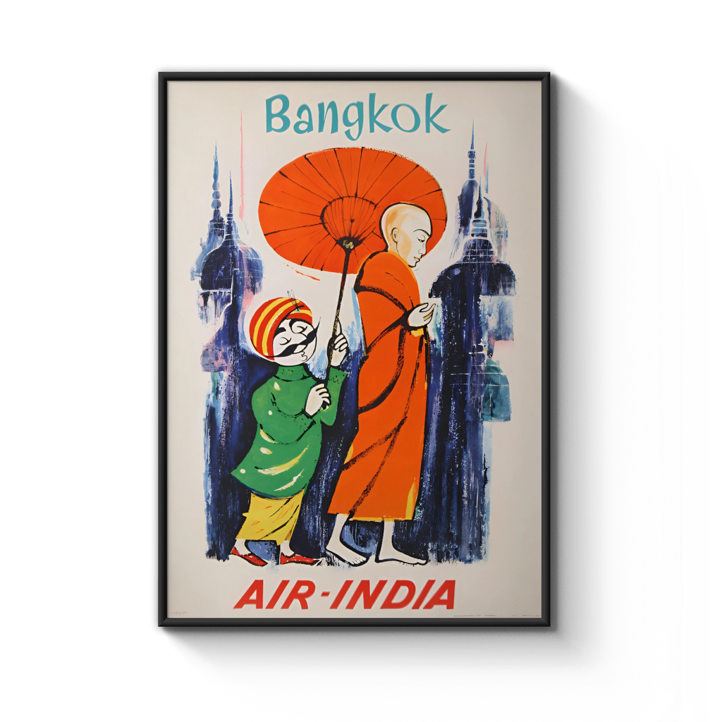 Vintage Bangkok Travel Poster, 1958 Air India Wall Art, Colourful Monk and Child Design