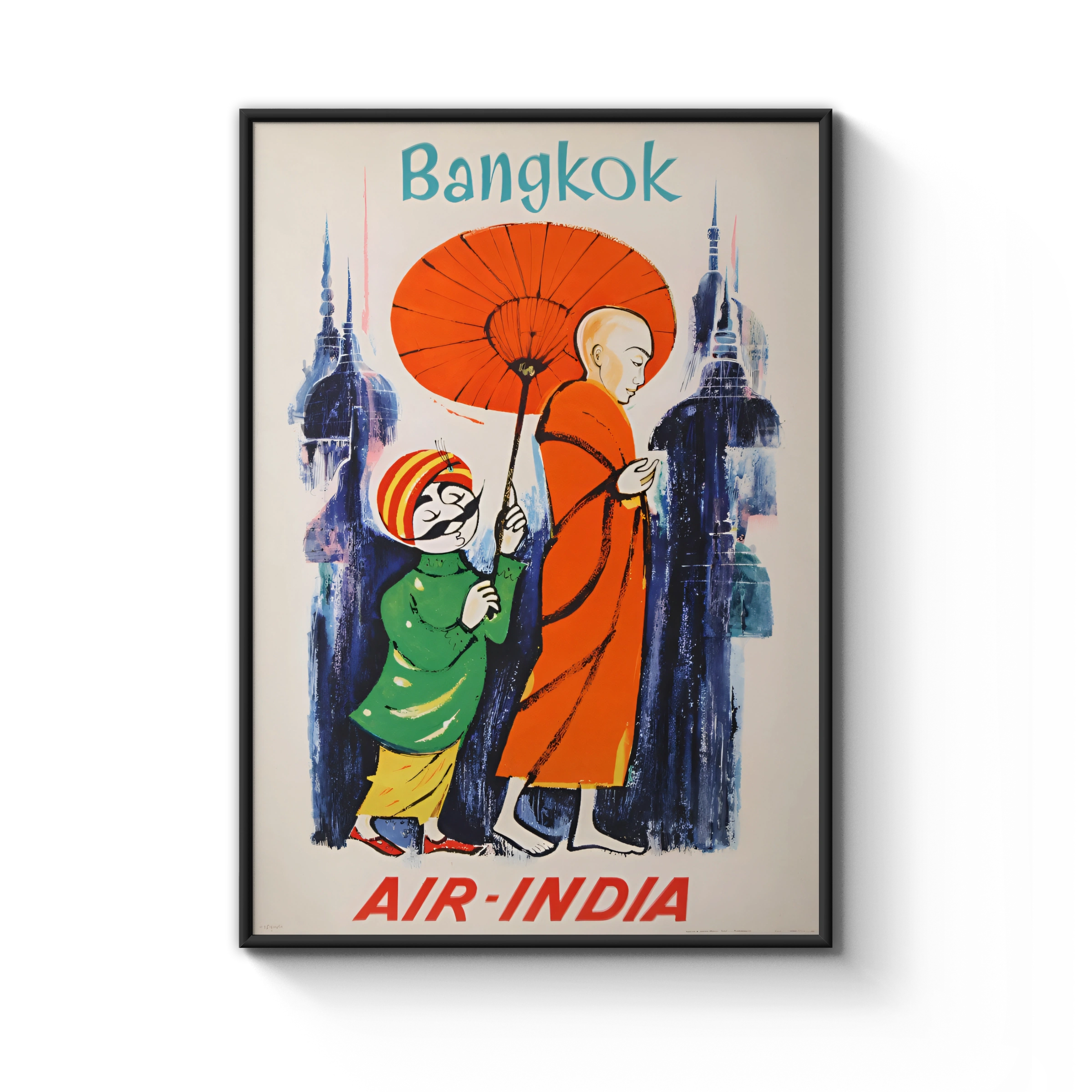 Vintage Bangkok Travel Poster, 1958 Air India Wall Art, Colourful Monk and Child Design