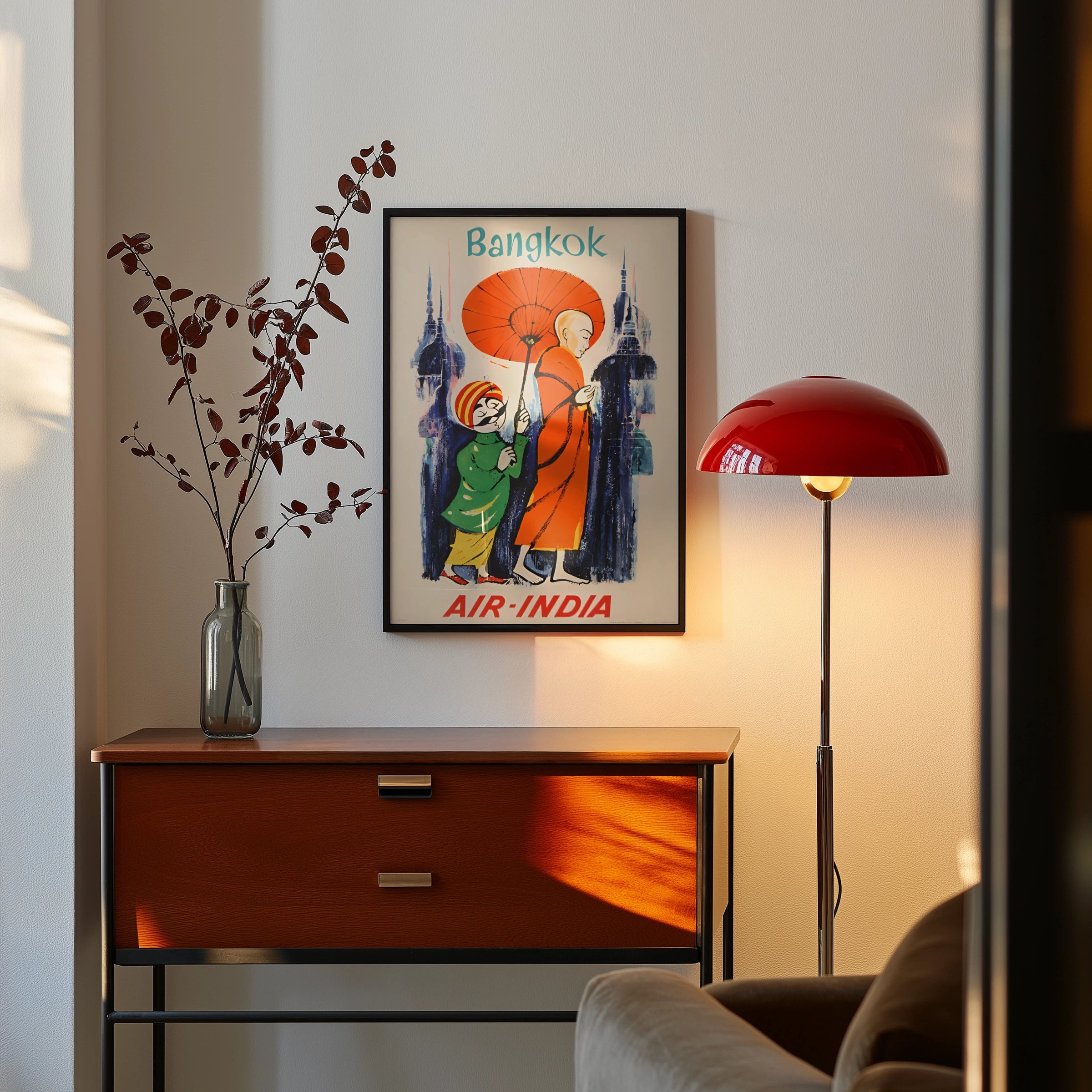 Vintage Bangkok Travel Poster, 1958 Air India Wall Art, Colourful Monk and Child Design