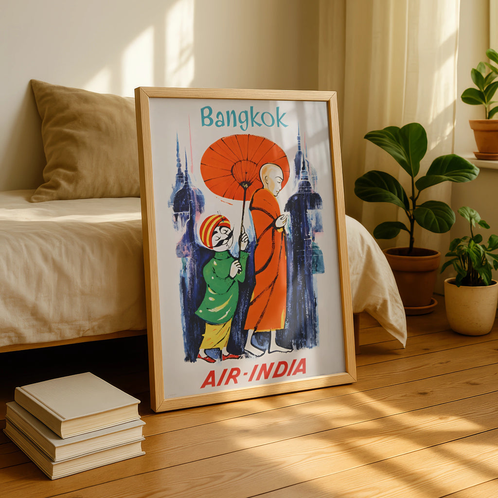 Vintage Bangkok Travel Poster, 1958 Air India Wall Art, Colourful Monk and Child Design