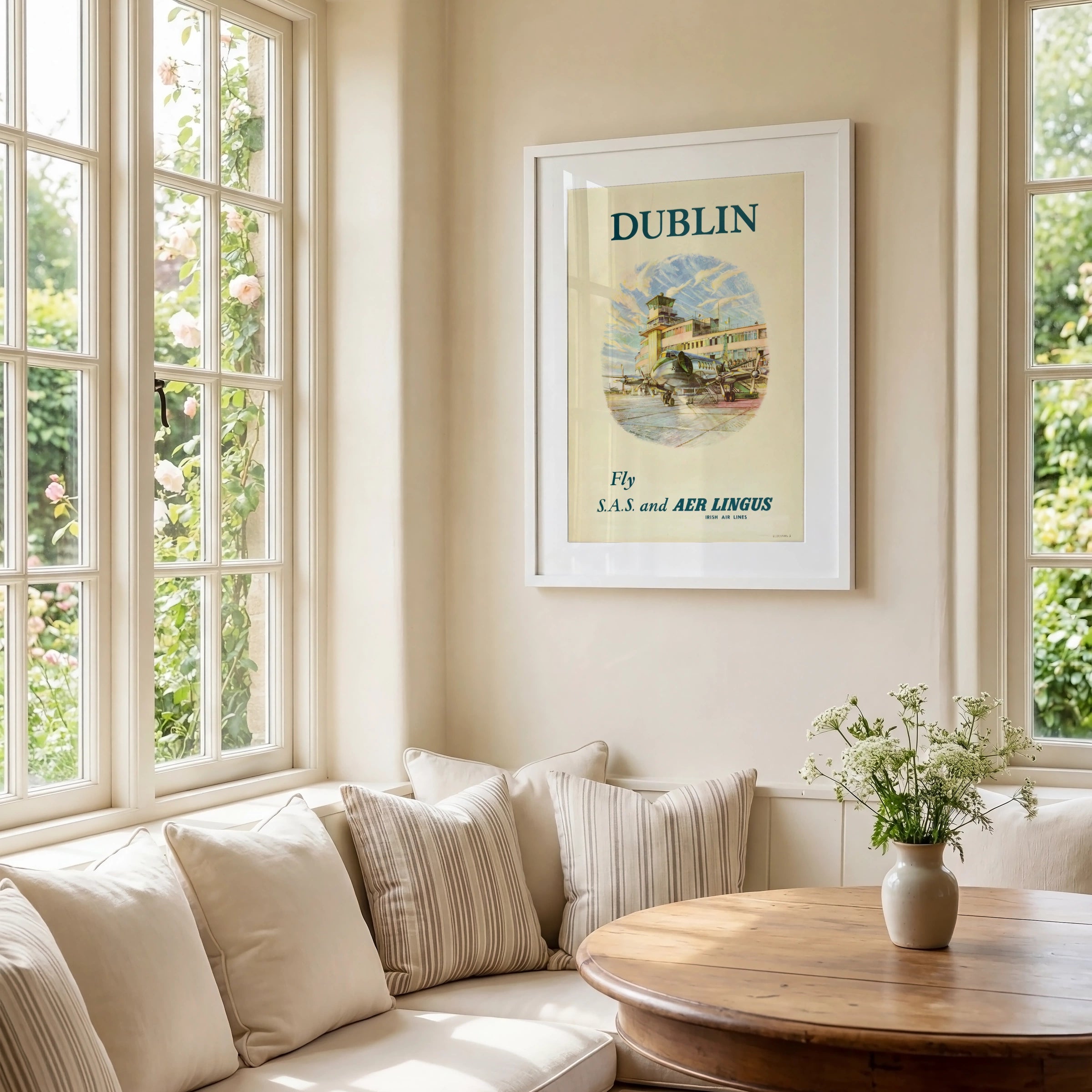 Vintage Dublin Travel Poster, Fly S.A.S. and AER LINGUS, Irish Air Lines, Retro Aviation Art