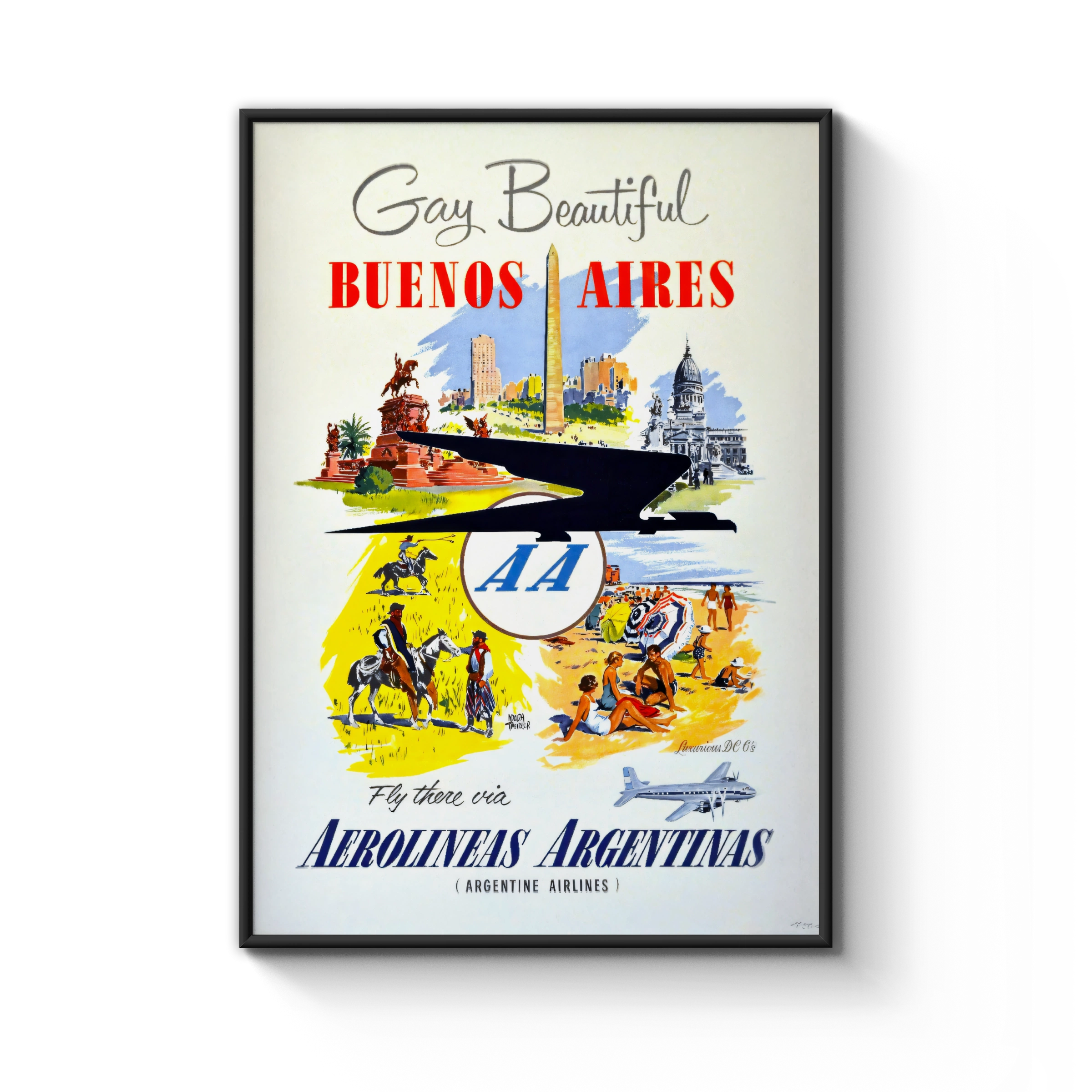 Vintage Argentina Travel Poster, Buenos Aires Aerolineas Argentinas, DC-6 Aviation Art Print