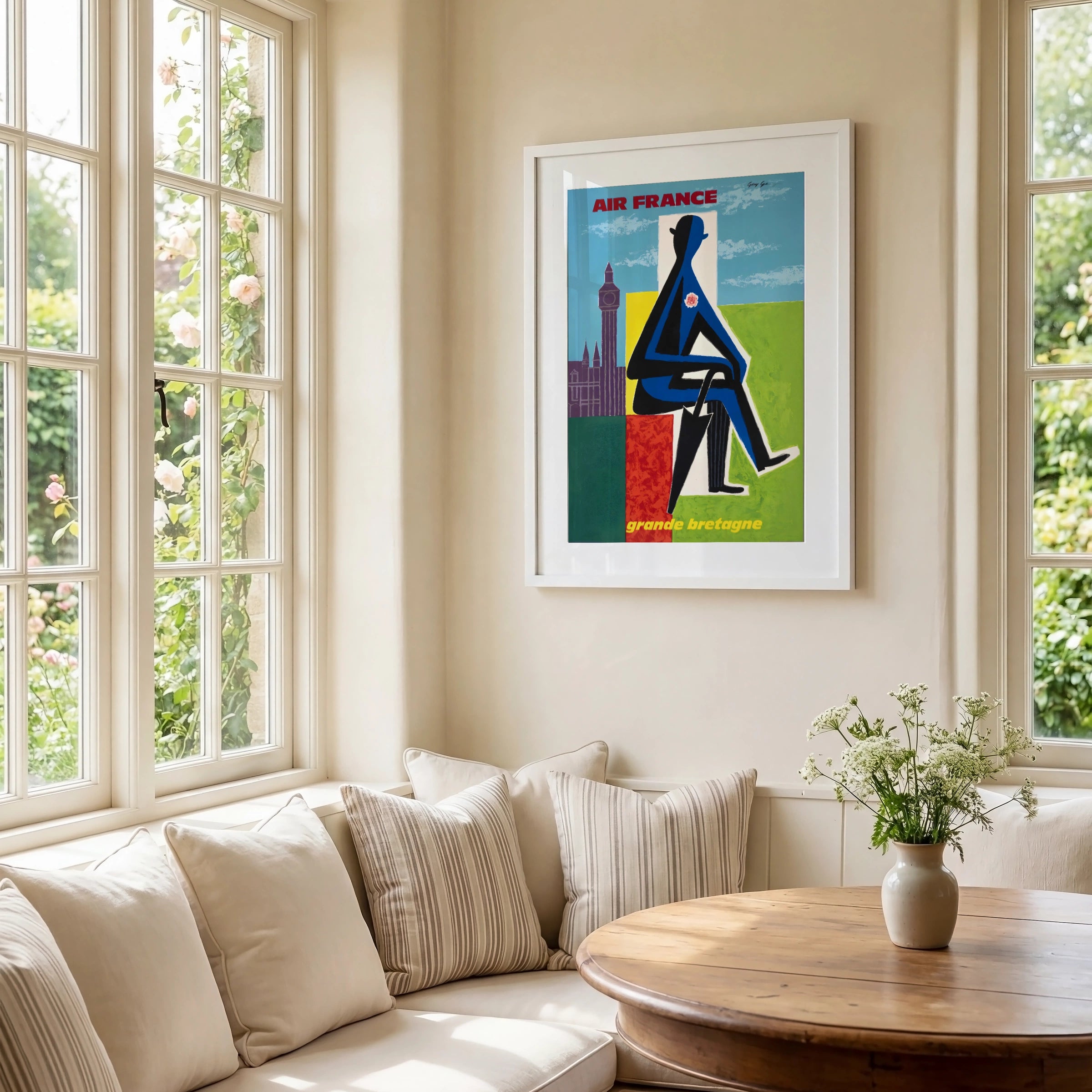 Vintage Air France Poster 1962, Grande Bretagne Travel Art, Abstract Blue Figure, London Landmark Wall Decor