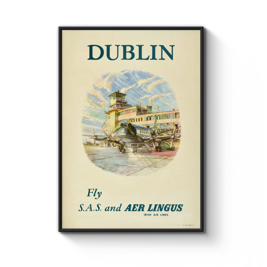 Vintage Dublin Travel Poster, Fly S.A.S. and AER LINGUS, Irish Air Lines, Retro Aviation Art