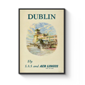 Vintage Dublin Travel Poster, Fly S.A.S. and AER LINGUS, Irish Air Lines, Retro Aviation Art