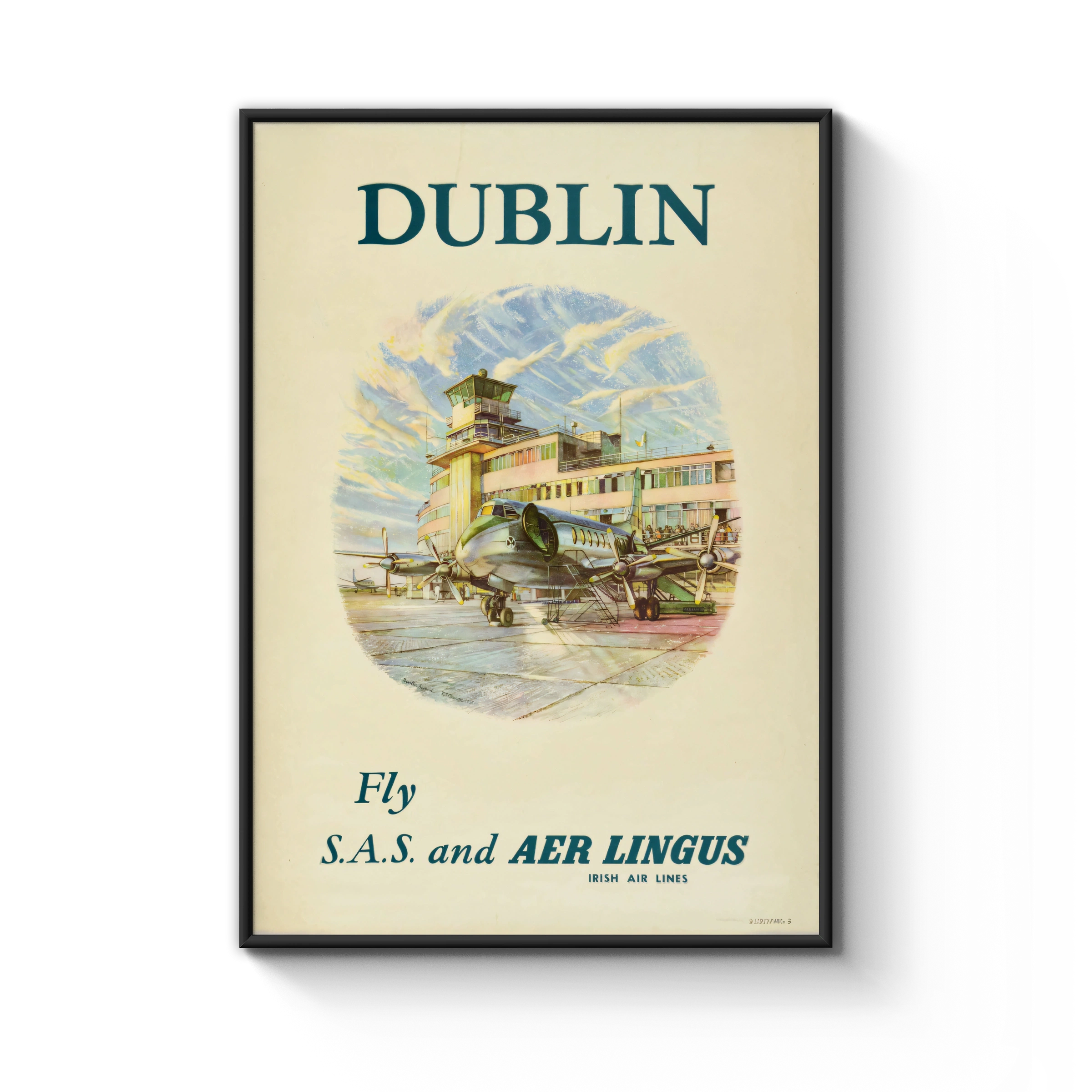 Vintage Dublin Travel Poster, Fly S.A.S. and AER LINGUS, Irish Air Lines, Retro Aviation Art