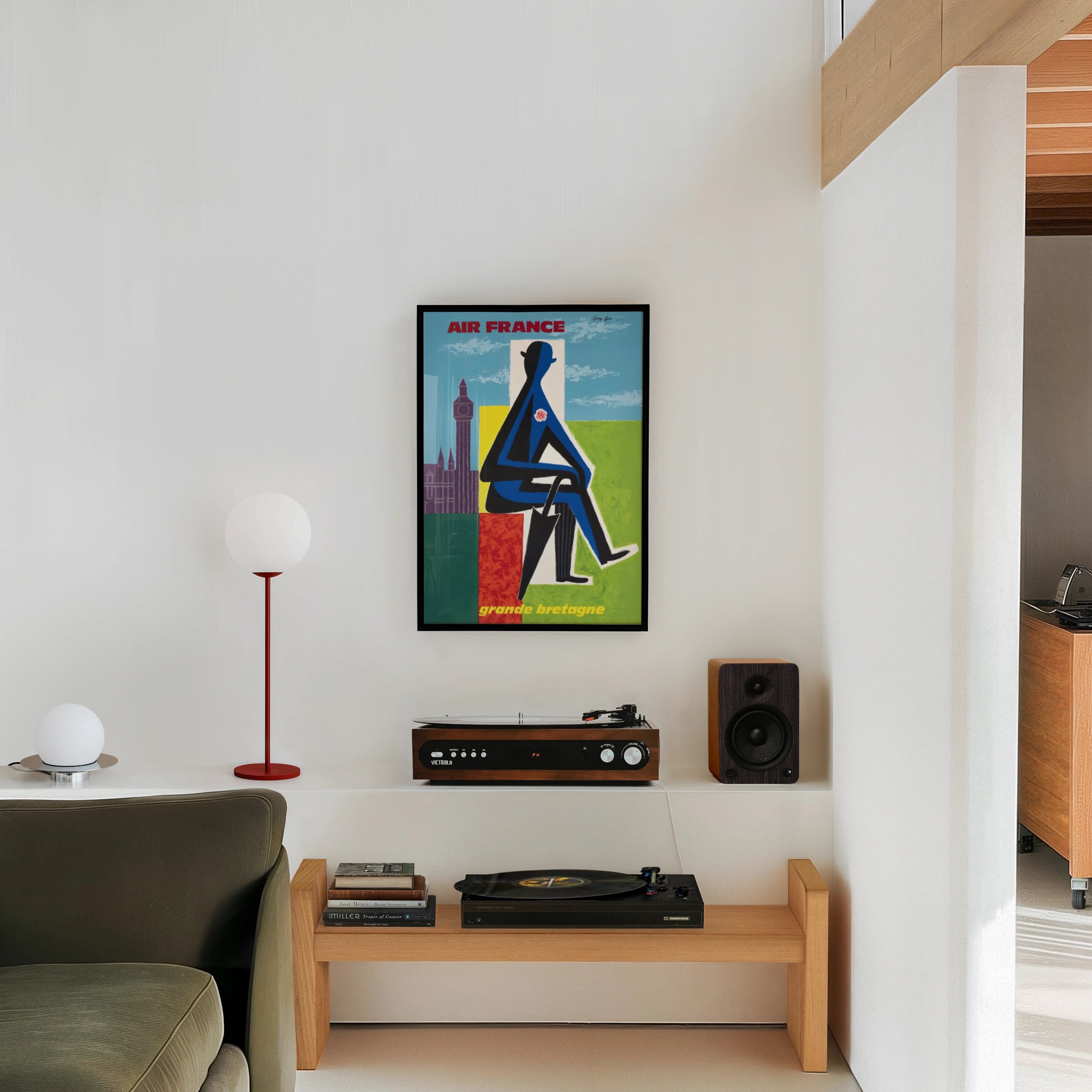 Vintage Air France Poster 1962, Grande Bretagne Travel Art, Abstract Blue Figure, London Landmark Wall Decor