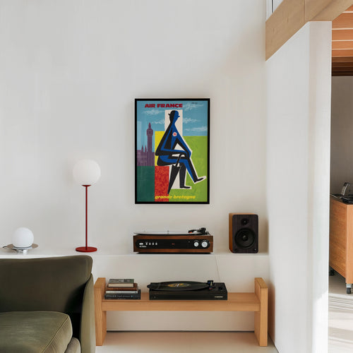 Vintage Air France Poster 1962, Grande Bretagne Travel Art, Abstract Blue Figure, London Landmark Wall Decor