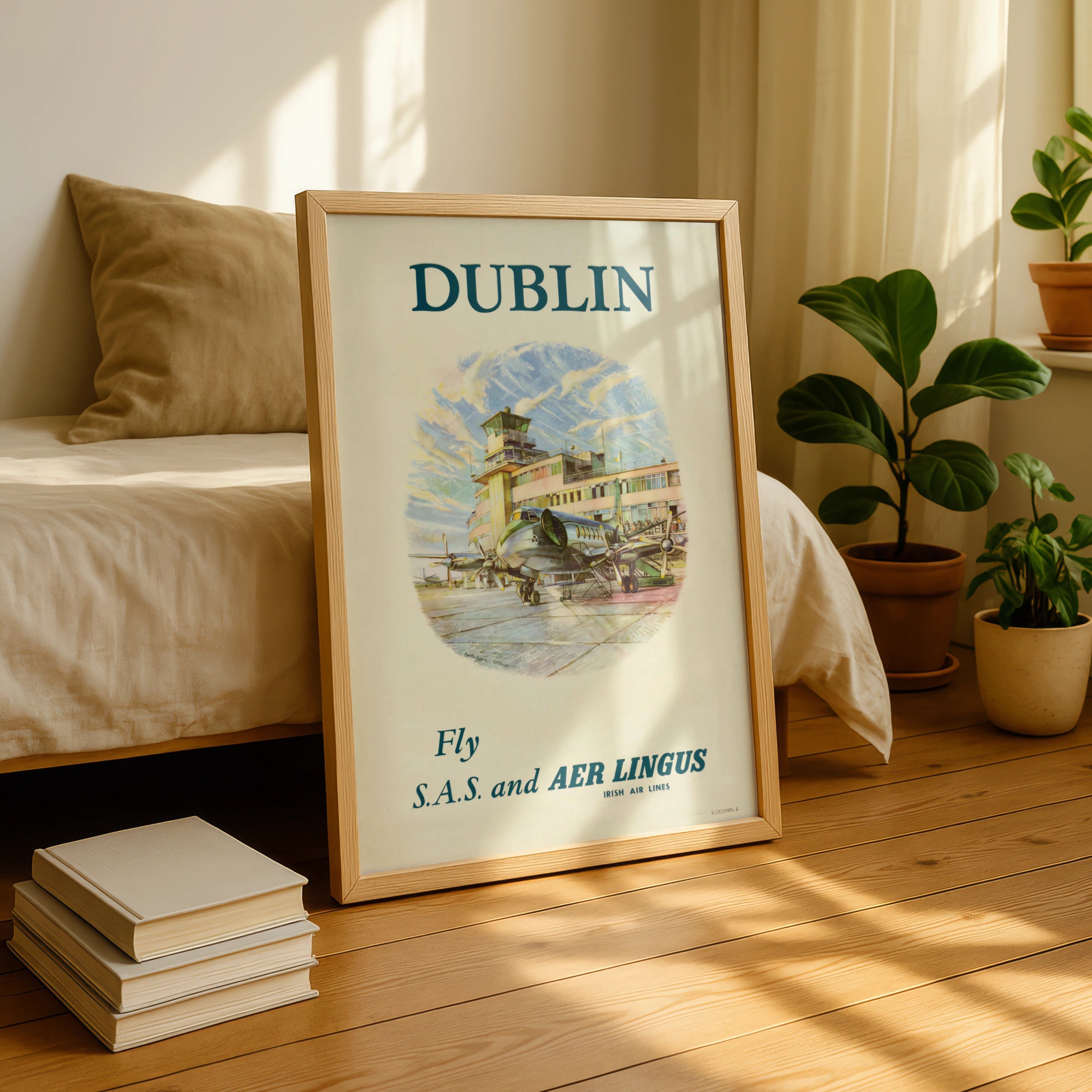 Vintage Dublin Travel Poster, Fly S.A.S. and AER LINGUS, Irish Air Lines, Retro Aviation Art