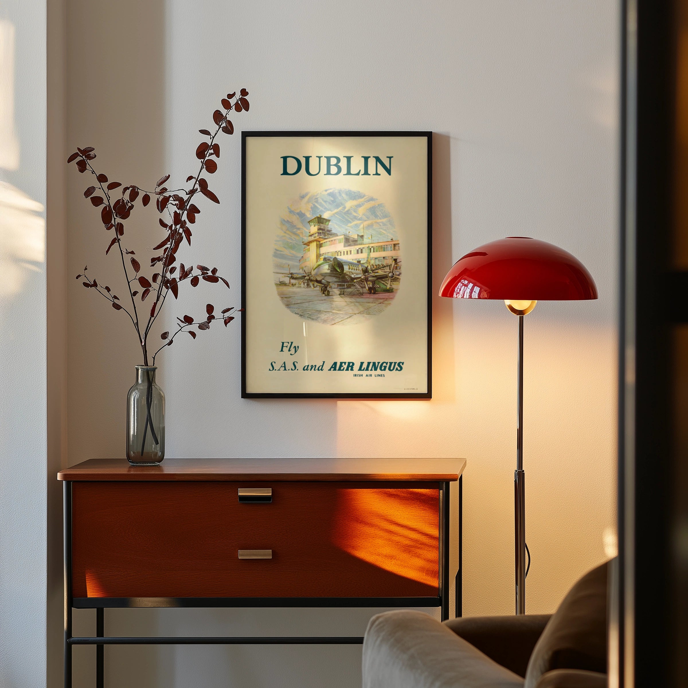 Vintage Dublin Travel Poster, Fly S.A.S. and AER LINGUS, Irish Air Lines, Retro Aviation Art