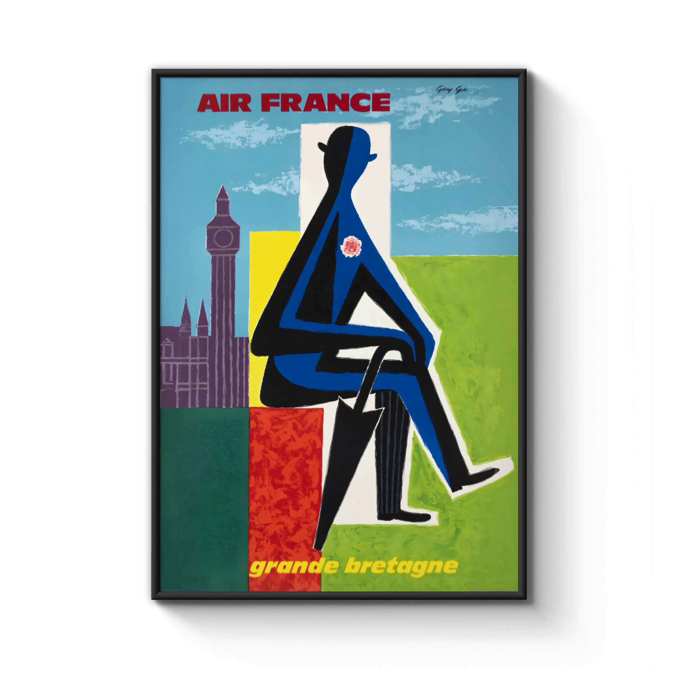 Vintage Air France Poster 1962, Grande Bretagne Travel Art, Abstract Blue Figure, London Landmark Wall Decor