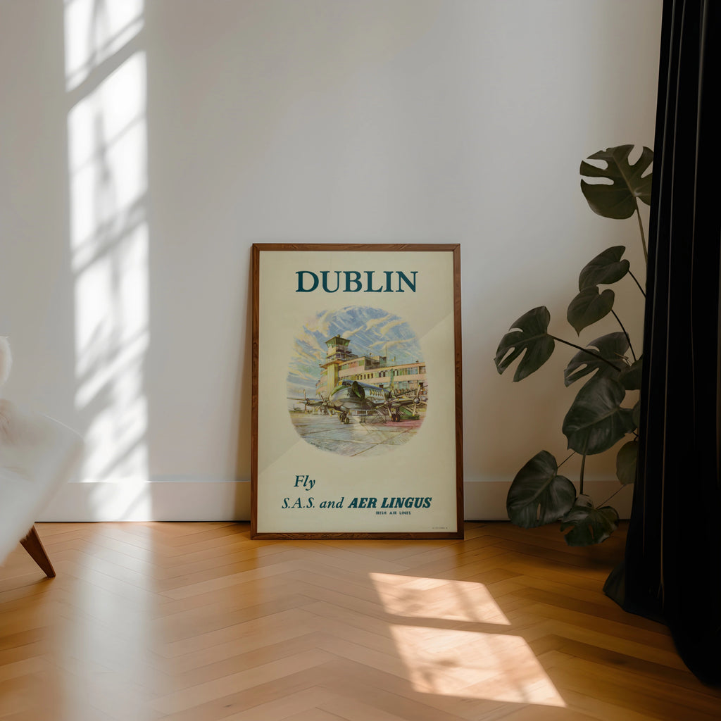 Vintage Dublin Travel Poster, Fly S.A.S. and AER LINGUS, Irish Air Lines, Retro Aviation Art