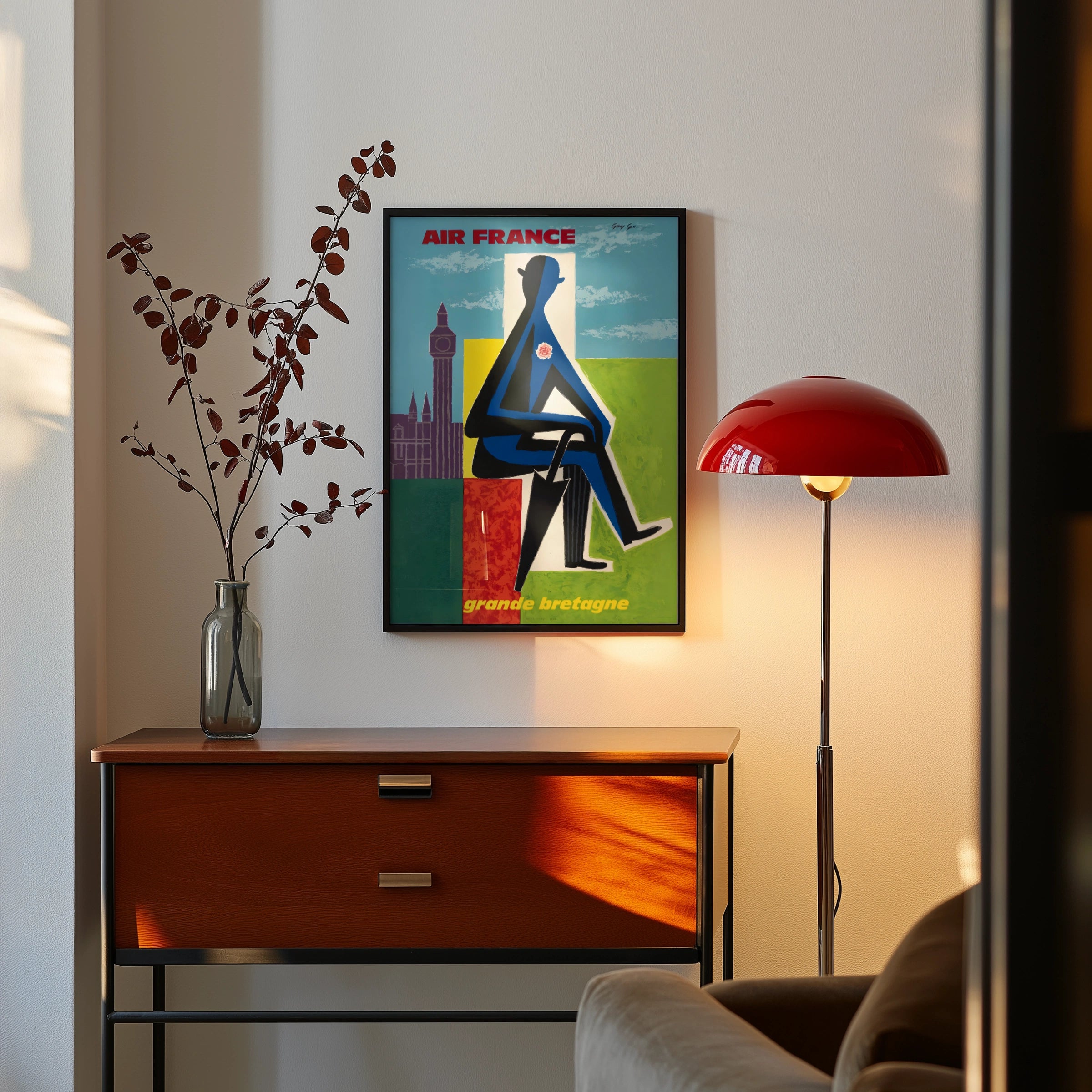 Vintage Air France Poster 1962, Grande Bretagne Travel Art, Abstract Blue Figure, London Landmark Wall Decor