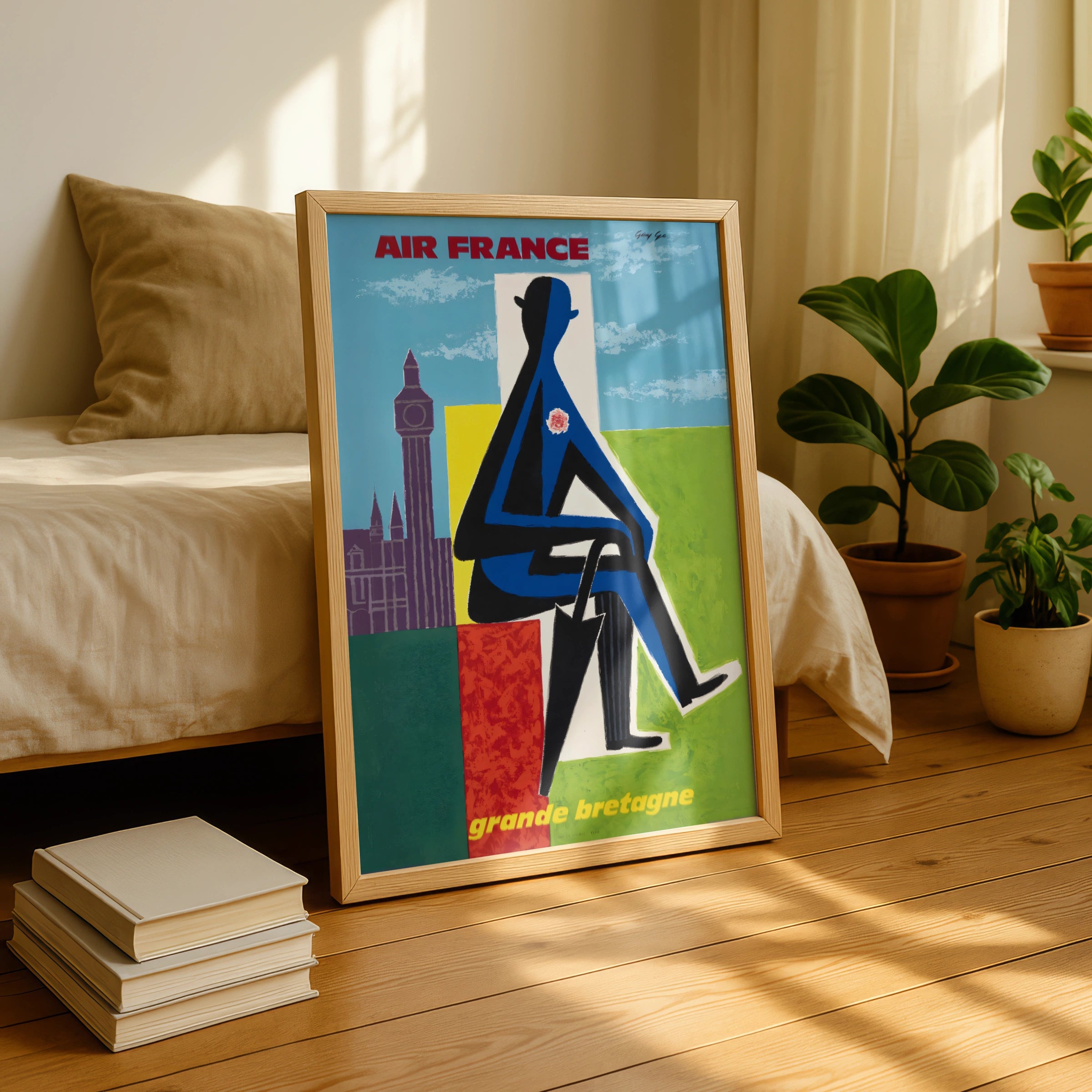 Vintage Air France Poster 1962, Grande Bretagne Travel Art, Abstract Blue Figure, London Landmark Wall Decor