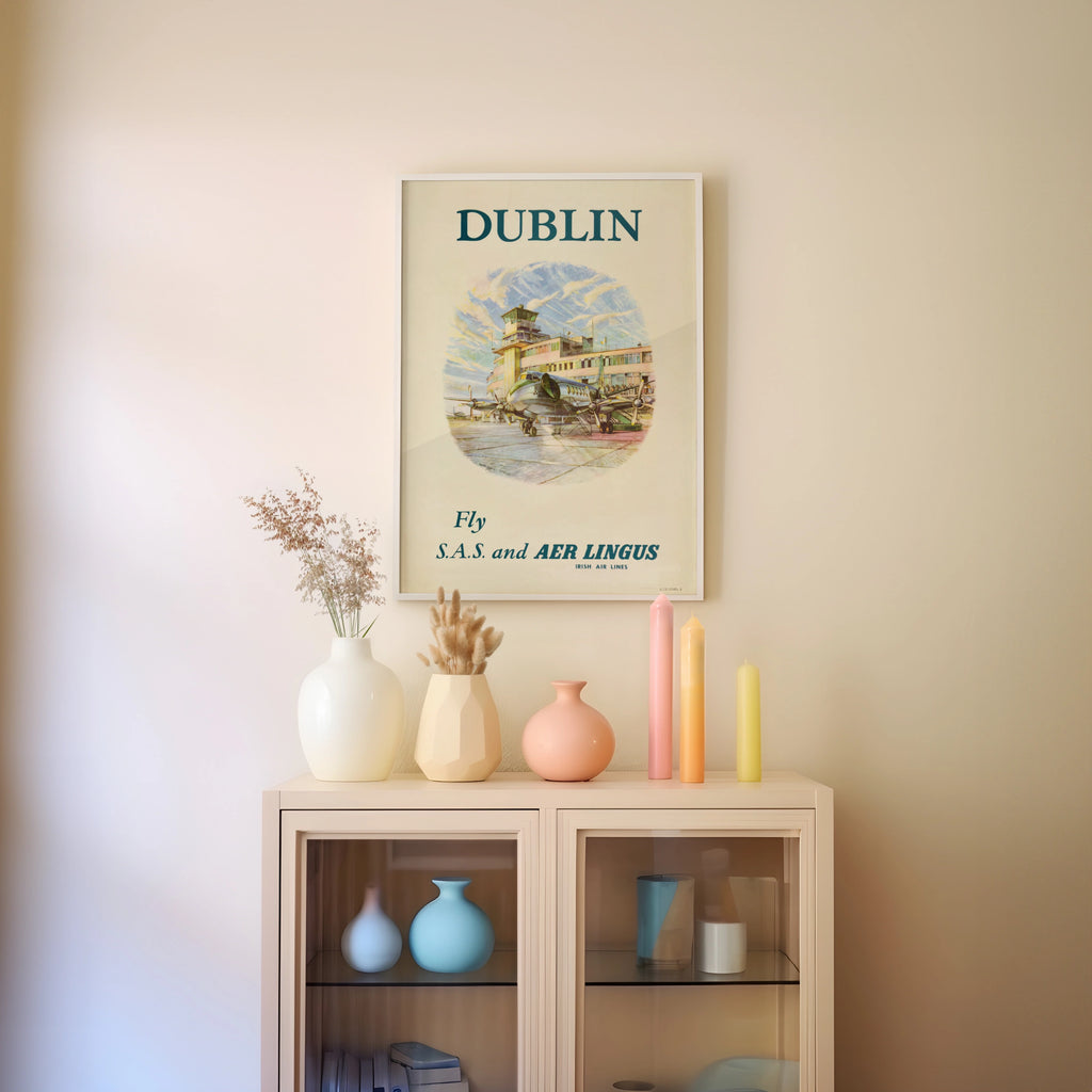 Vintage Dublin Travel Poster, Fly S.A.S. and AER LINGUS, Irish Air Lines, Retro Aviation Art