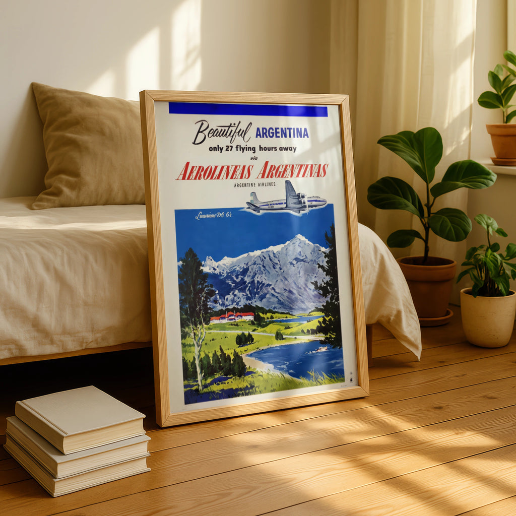 Vintage Argentina Travel Poster 1955, Aerolineas Argentinas, DC-6 Airline Art Print, Andes Mountains Wall Art