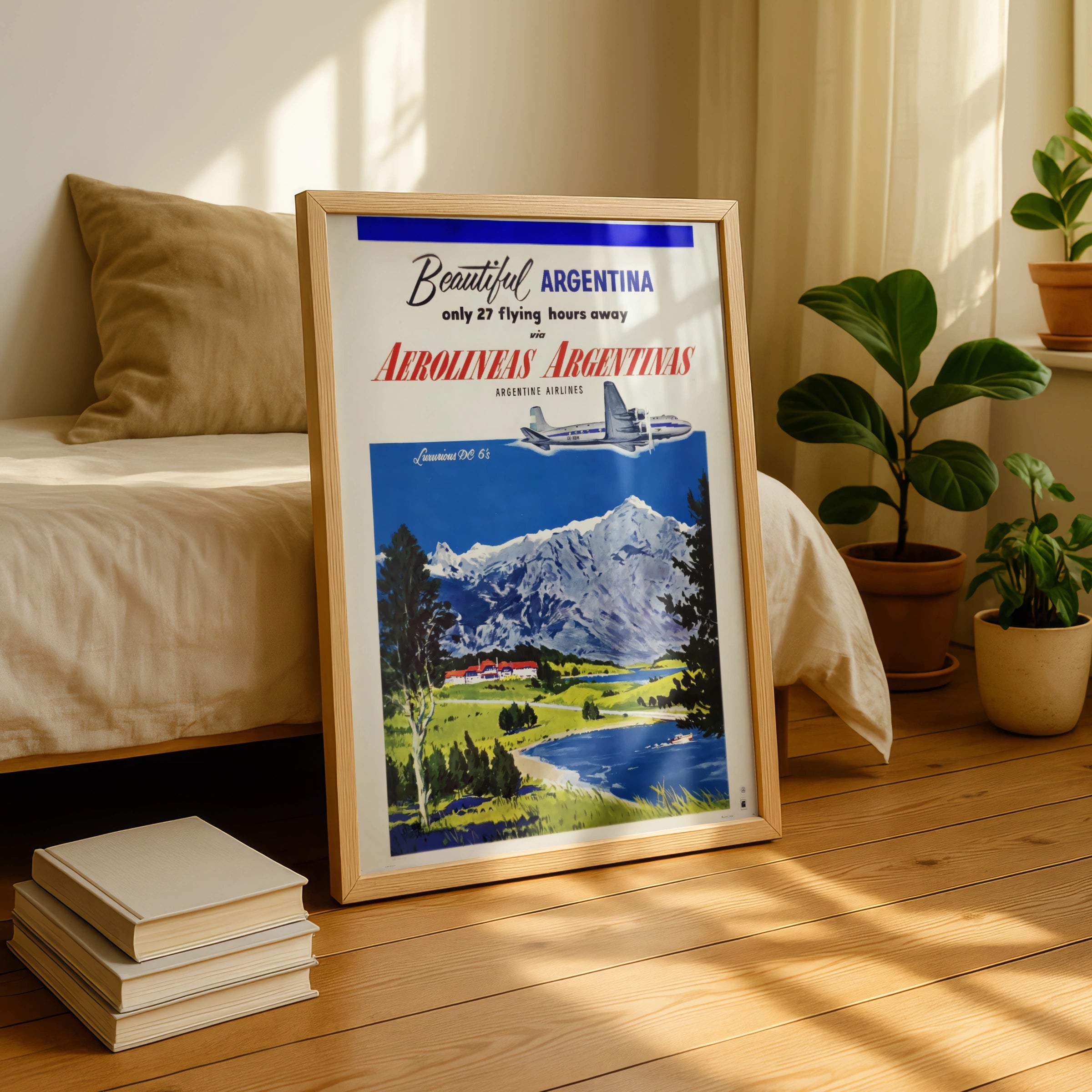 Vintage Argentina Travel Poster 1955, Aerolineas Argentinas, DC-6 Airline Art Print, Andes Mountains Wall Art