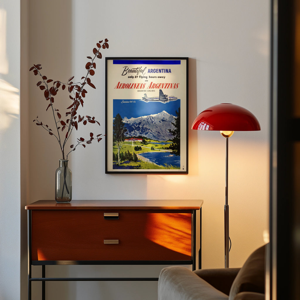 Vintage Argentina Travel Poster 1955, Aerolineas Argentinas, DC-6 Airline Art Print, Andes Mountains Wall Art