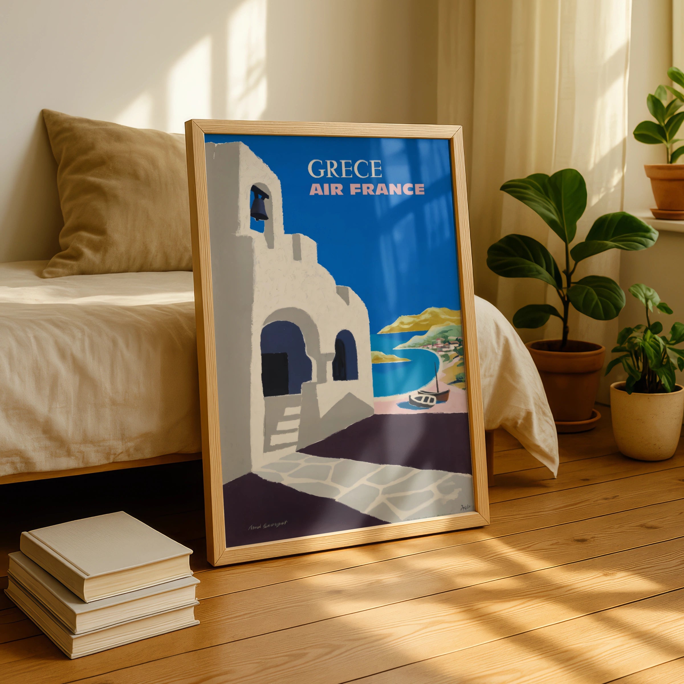 Vintage Greece Travel Poster 1959, Air France Art Print, Colourful Coastal Scene, Minimalist Wall Art for Home Decor