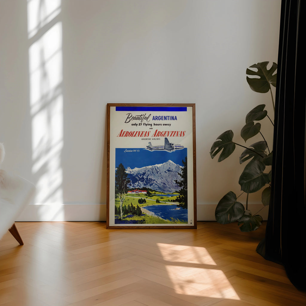 Vintage Argentina Travel Poster 1955, Aerolineas Argentinas, DC-6 Airline Art Print, Andes Mountains Wall Art