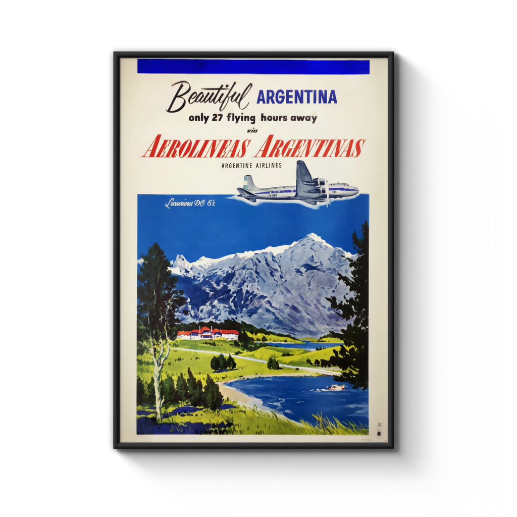 Vintage Argentina Travel Poster 1955, Aerolineas Argentinas, DC-6 Airline Art Print, Andes Mountains Wall Art