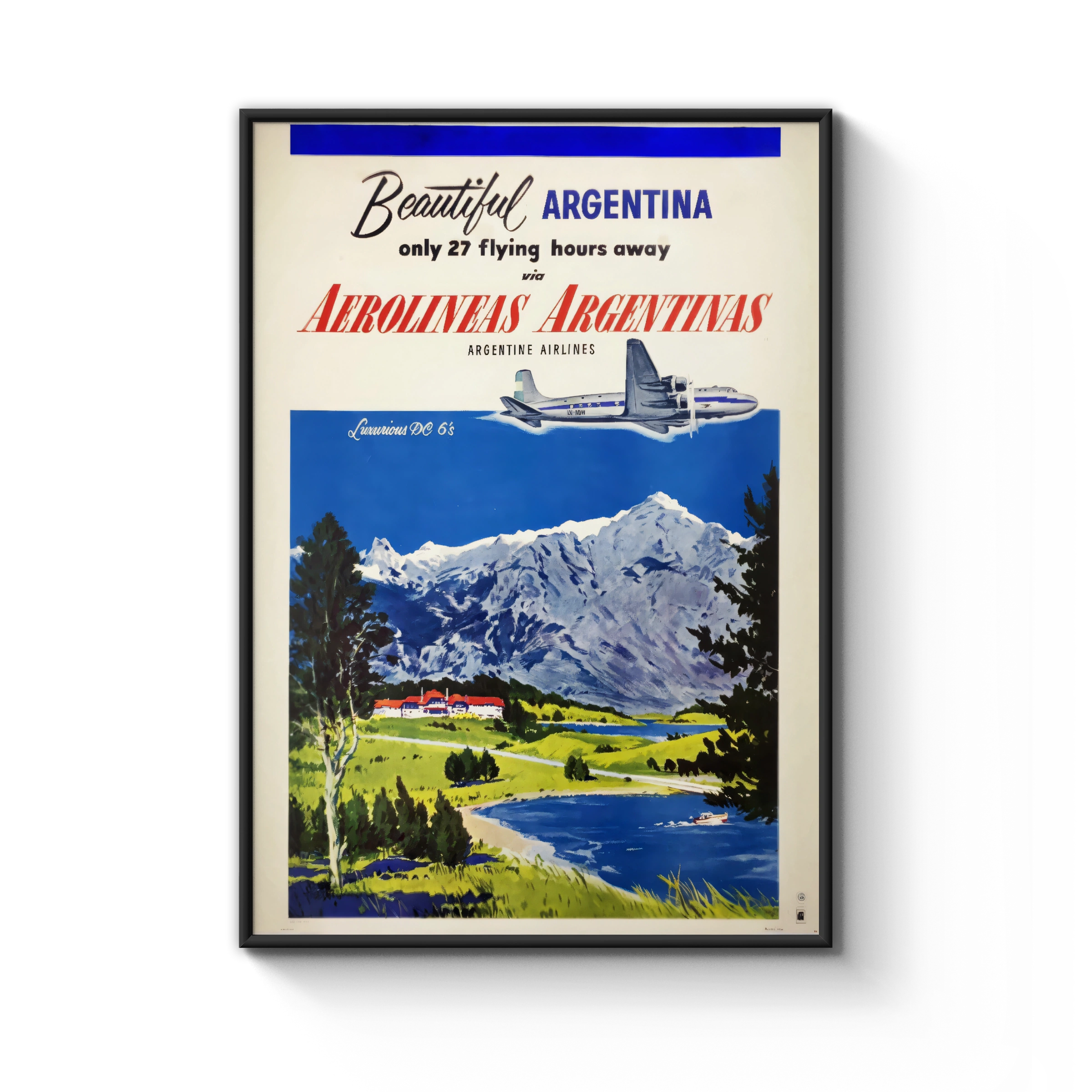Vintage Argentina Travel Poster 1955, Aerolineas Argentinas, DC-6 Airline Art Print, Andes Mountains Wall Art
