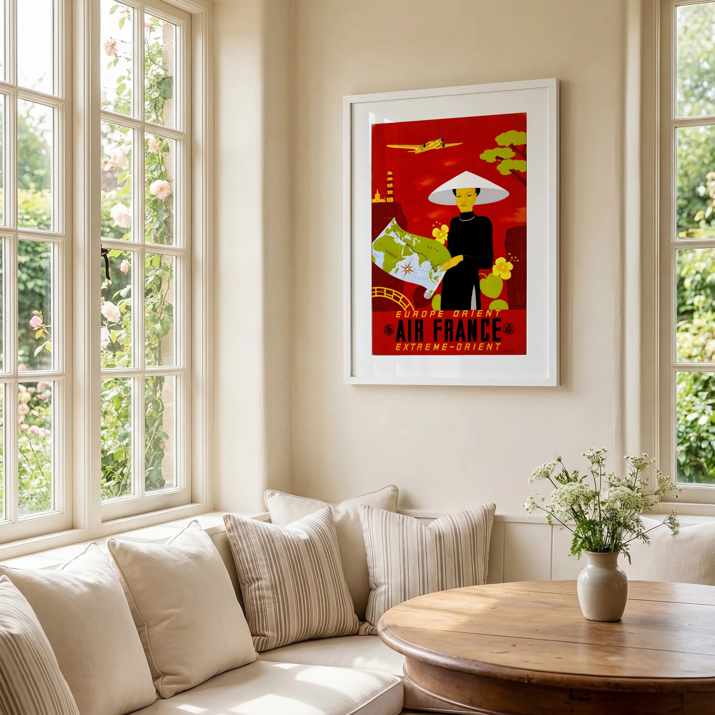 Vintage Air France Extreme-Orient Travel Poster, Europe Asia Route Map, Red Mid-Century Aviation Art Print