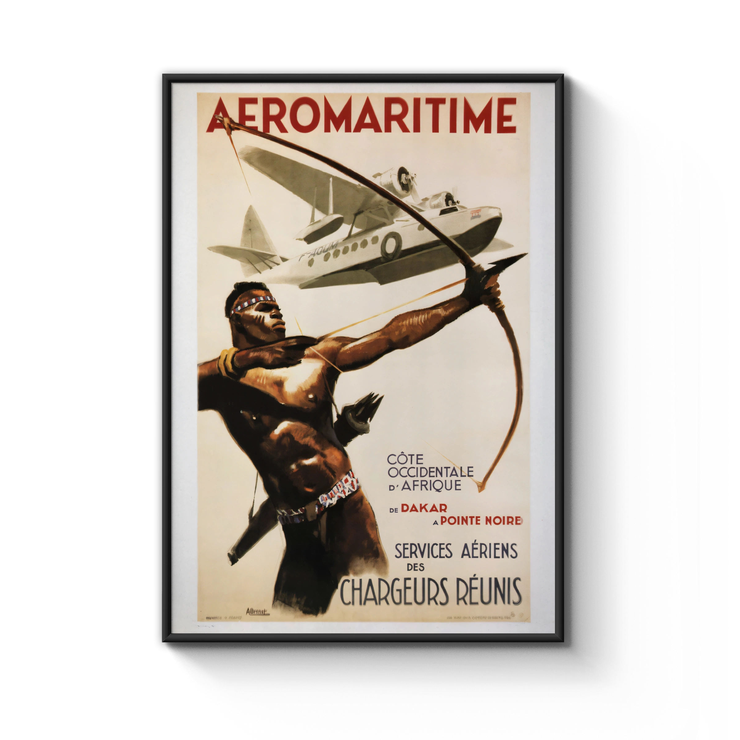 Vintage Aeromaritime 1950 Travel Poster, Africa Dakar Seaplane Art Deco Print, Chargeurs Reunis Wall Art