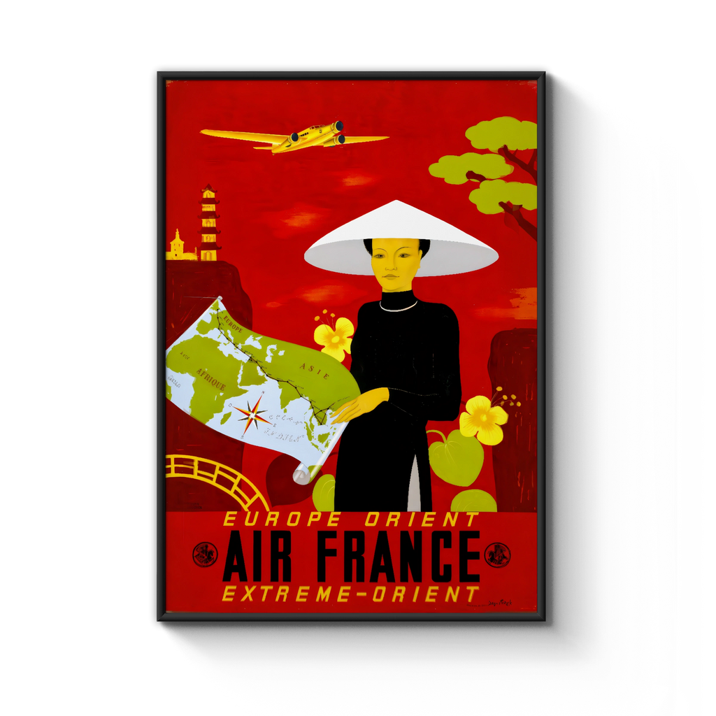 Vintage Air France Extreme-Orient Travel Poster, Europe Asia Route Map, Red Mid-Century Aviation Art Print