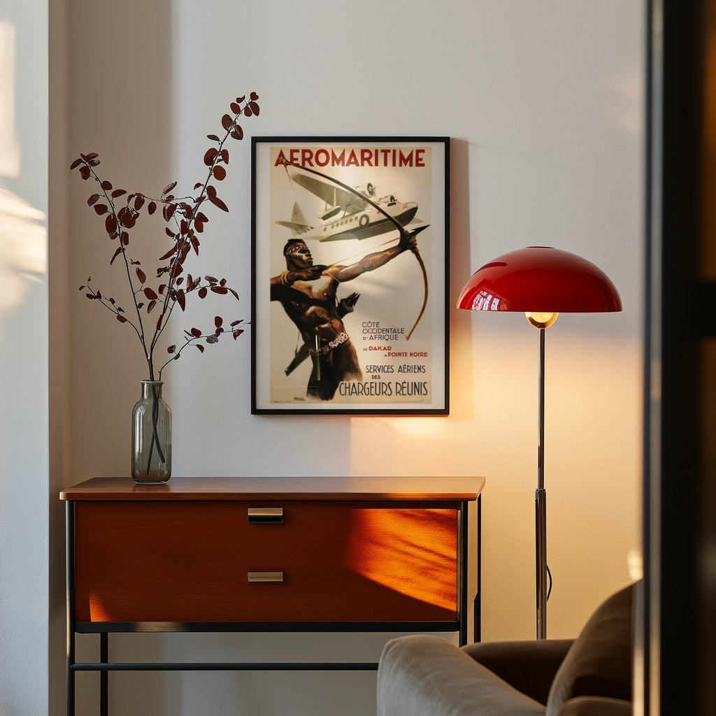 Vintage Aeromaritime 1950 Travel Poster, Africa Dakar Seaplane Art Deco Print, Chargeurs Reunis Wall Art
