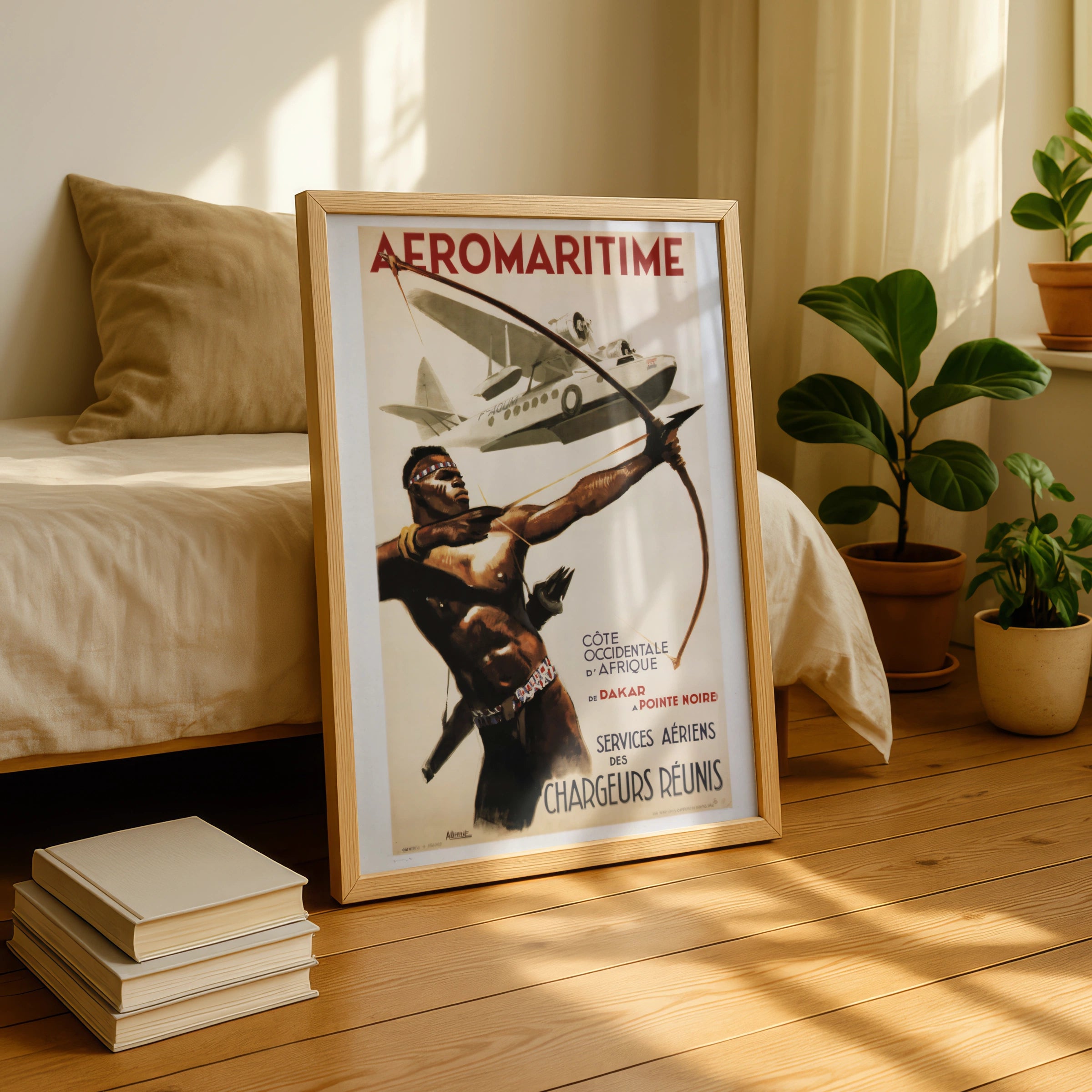 Vintage Aeromaritime 1950 Travel Poster, Africa Dakar Seaplane Art Deco Print, Chargeurs Reunis Wall Art