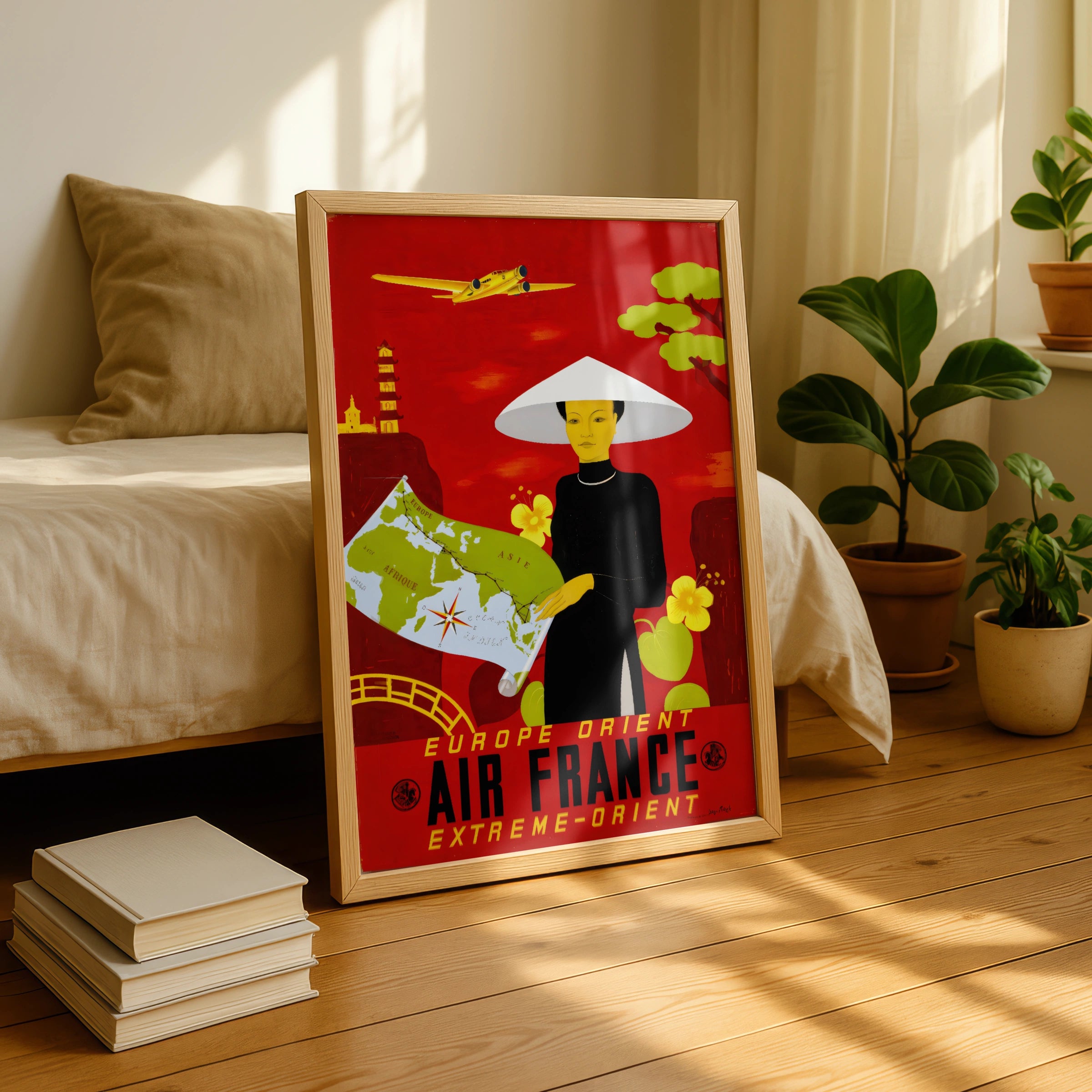 Vintage Air France Extreme-Orient Travel Poster, Europe Asia Route Map, Red Mid-Century Aviation Art Print