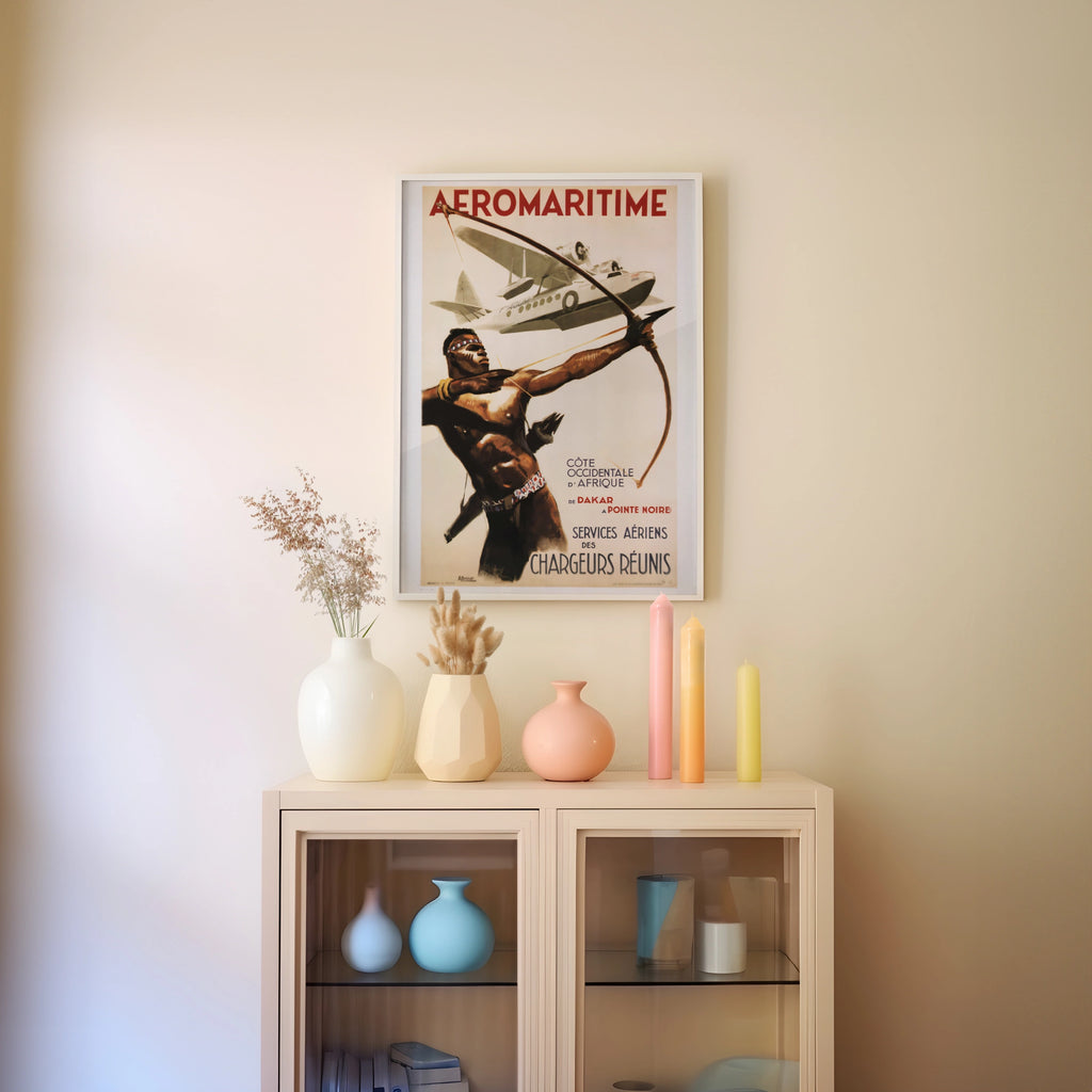 Vintage Aeromaritime 1950 Travel Poster, Africa Dakar Seaplane Art Deco Print, Chargeurs Reunis Wall Art