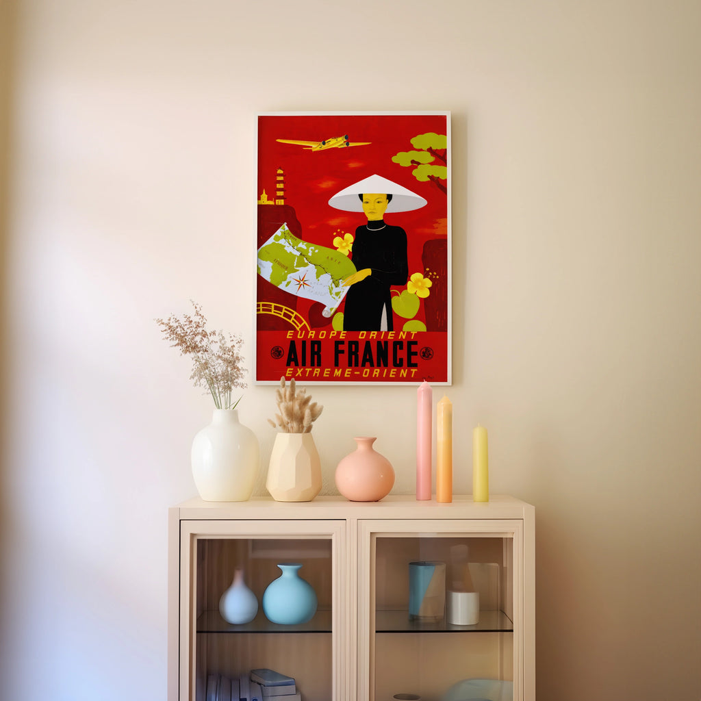 Vintage Air France Extreme-Orient Travel Poster, Europe Asia Route Map, Red Mid-Century Aviation Art Print