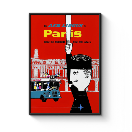 Vintage Aer Lingus Paris Travel Poster, c.1950, Irish Airline Art Print, Retro France Wall Decor