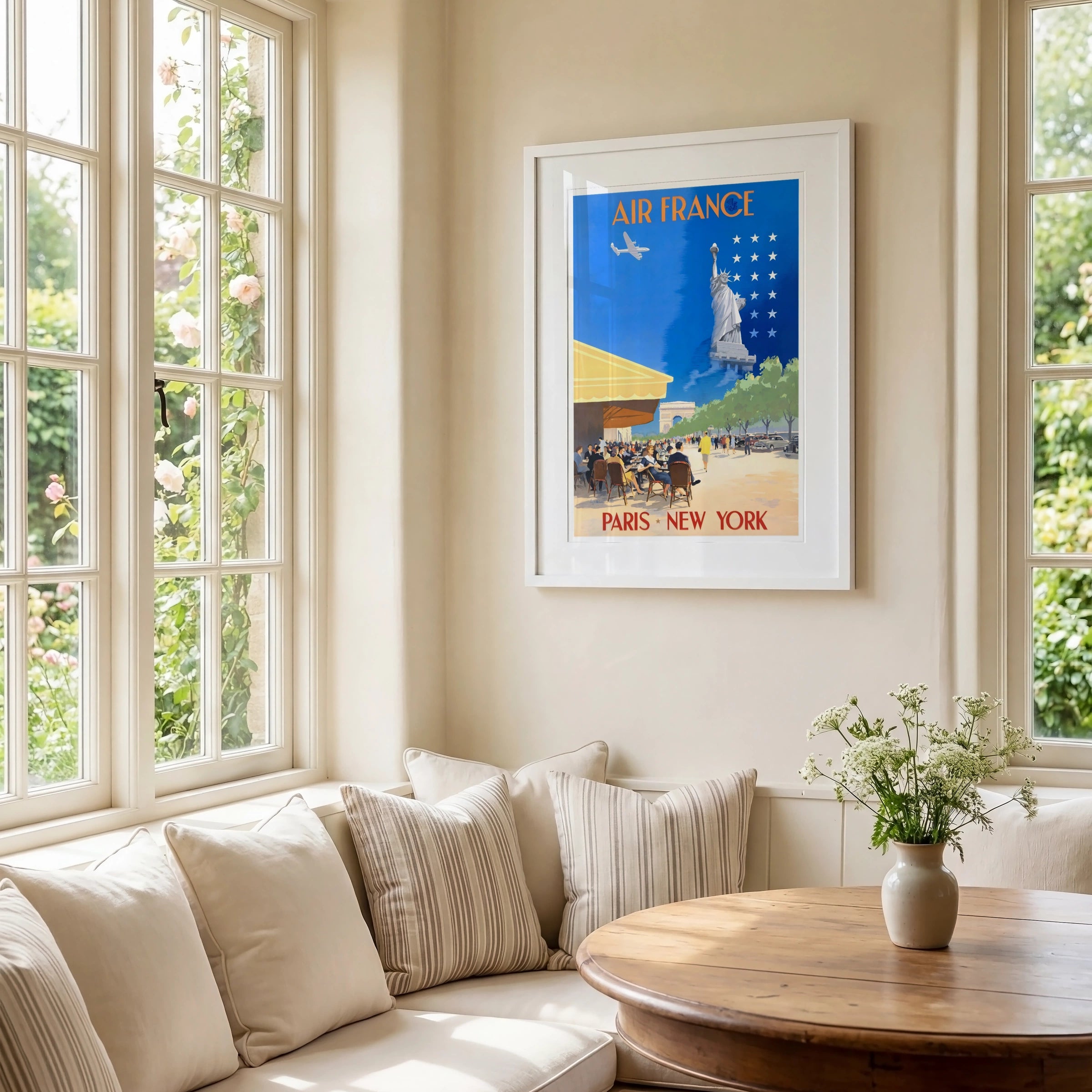 Vintage Air France Travel Poster, Paris to New York, 1940s Art, Retro Airline Wall Art, French Americana Decor