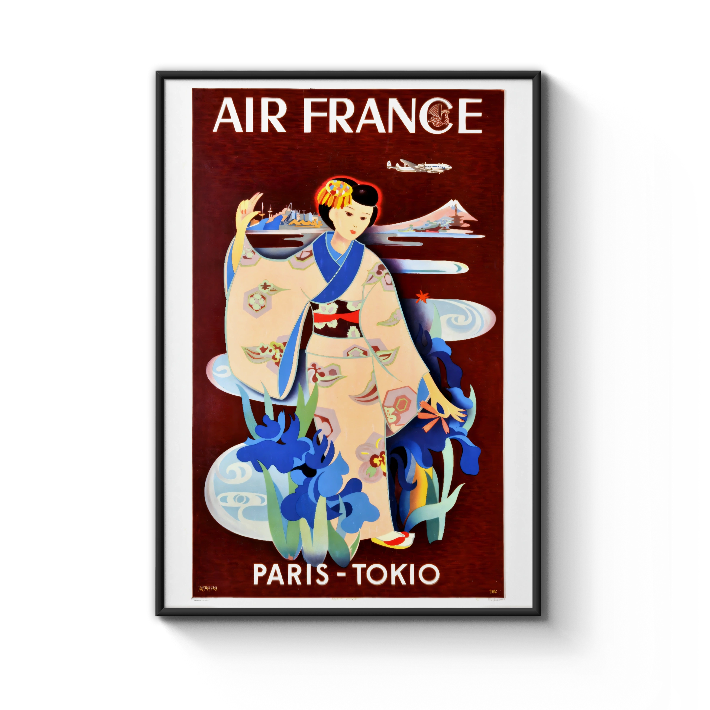 Vintage Air France Poster, Paris - Tokio, 1952 Travel Art, Japanese Geisha Design, Retro Airline Wall Decor