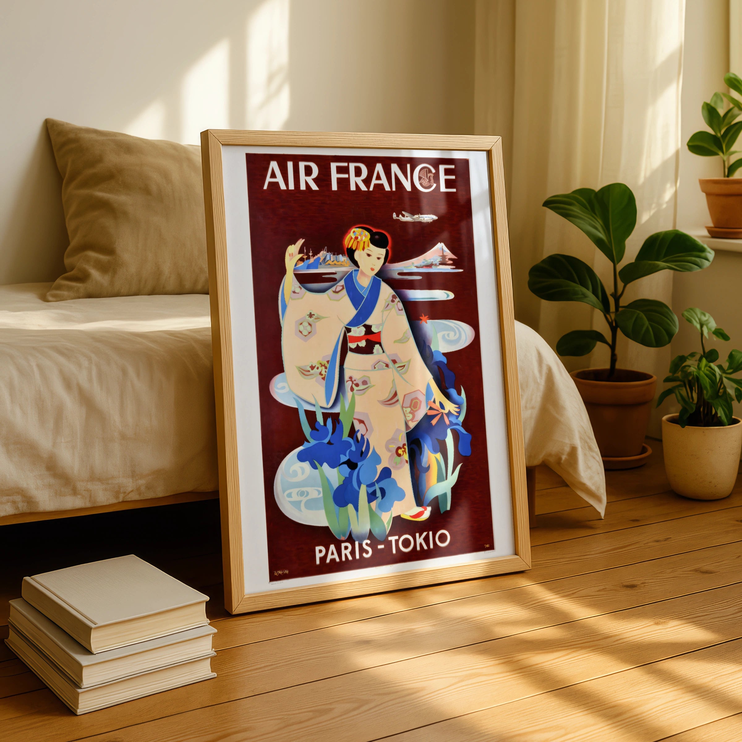 Vintage Air France Poster, Paris - Tokio, 1952 Travel Art, Japanese Geisha Design, Retro Airline Wall Decor