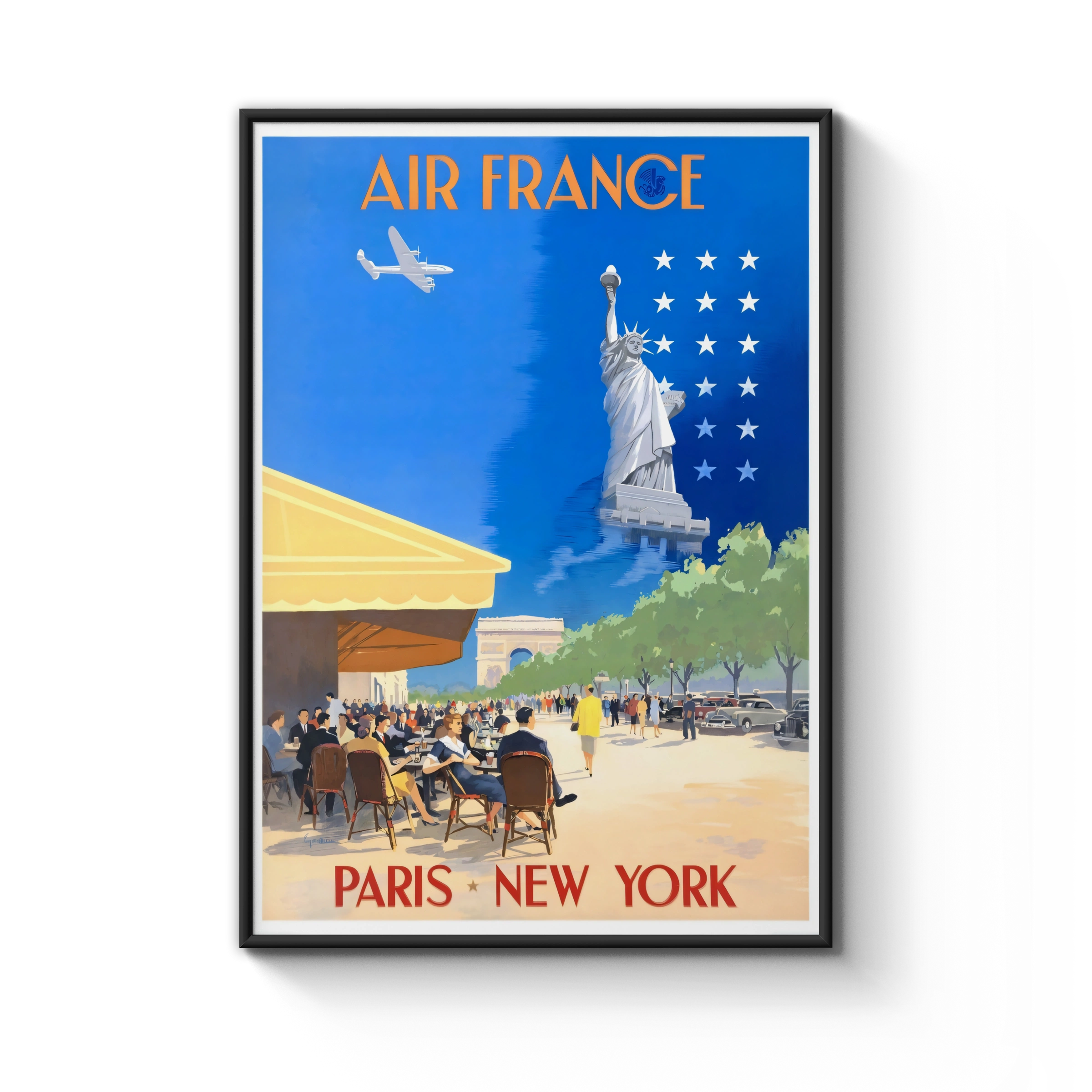 Vintage Air France Travel Poster, Paris to New York, 1940s Art, Retro Airline Wall Art, French Americana Decor