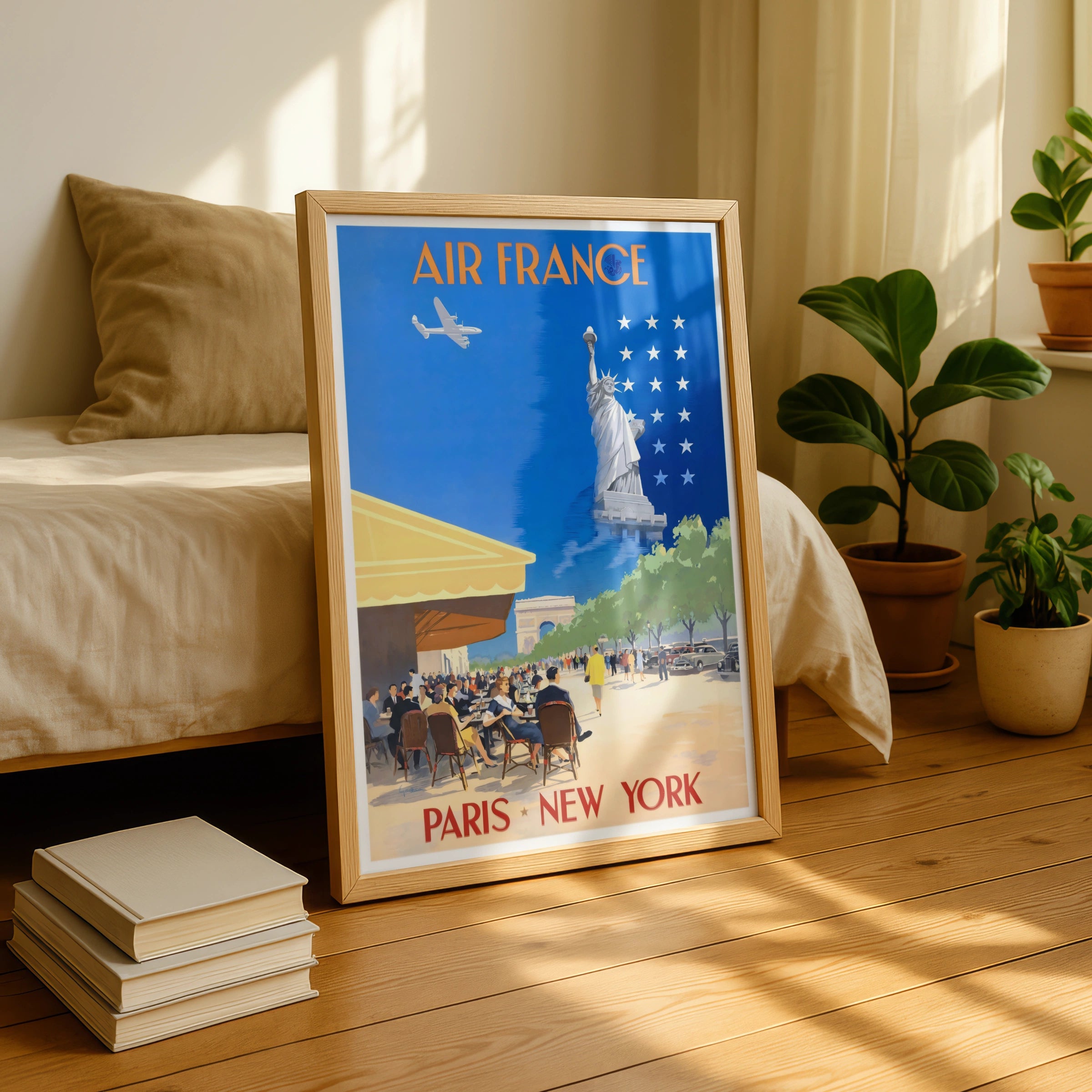 Vintage Air France Travel Poster, Paris to New York, 1940s Art, Retro Airline Wall Art, French Americana Decor