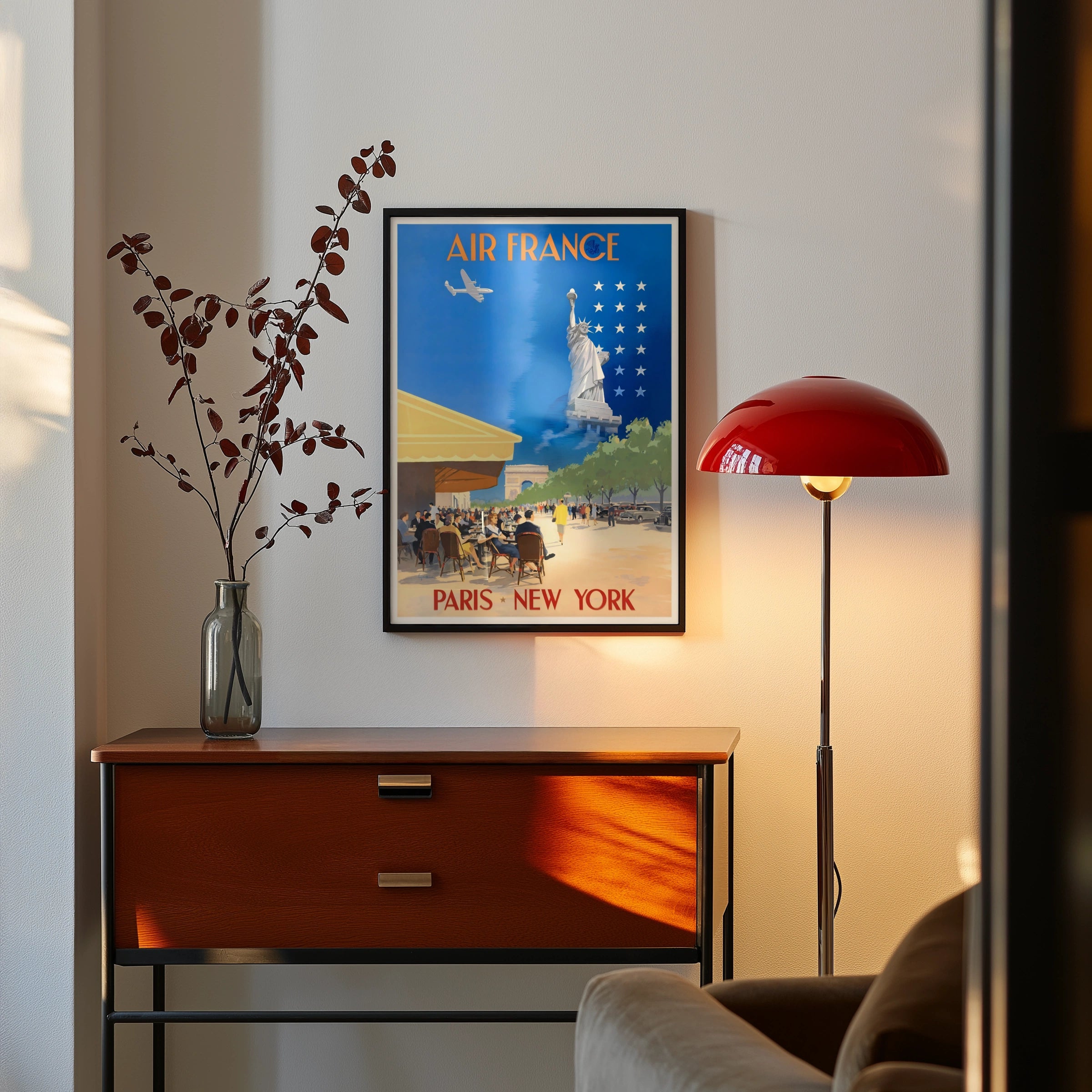 Vintage Air France Travel Poster, Paris to New York, 1940s Art, Retro Airline Wall Art, French Americana Decor