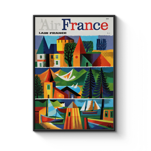 Vintage Air France France Travel Poster, 1950s French Cubist Graphic Art Print, Colourful Mid-Century Wall Decor