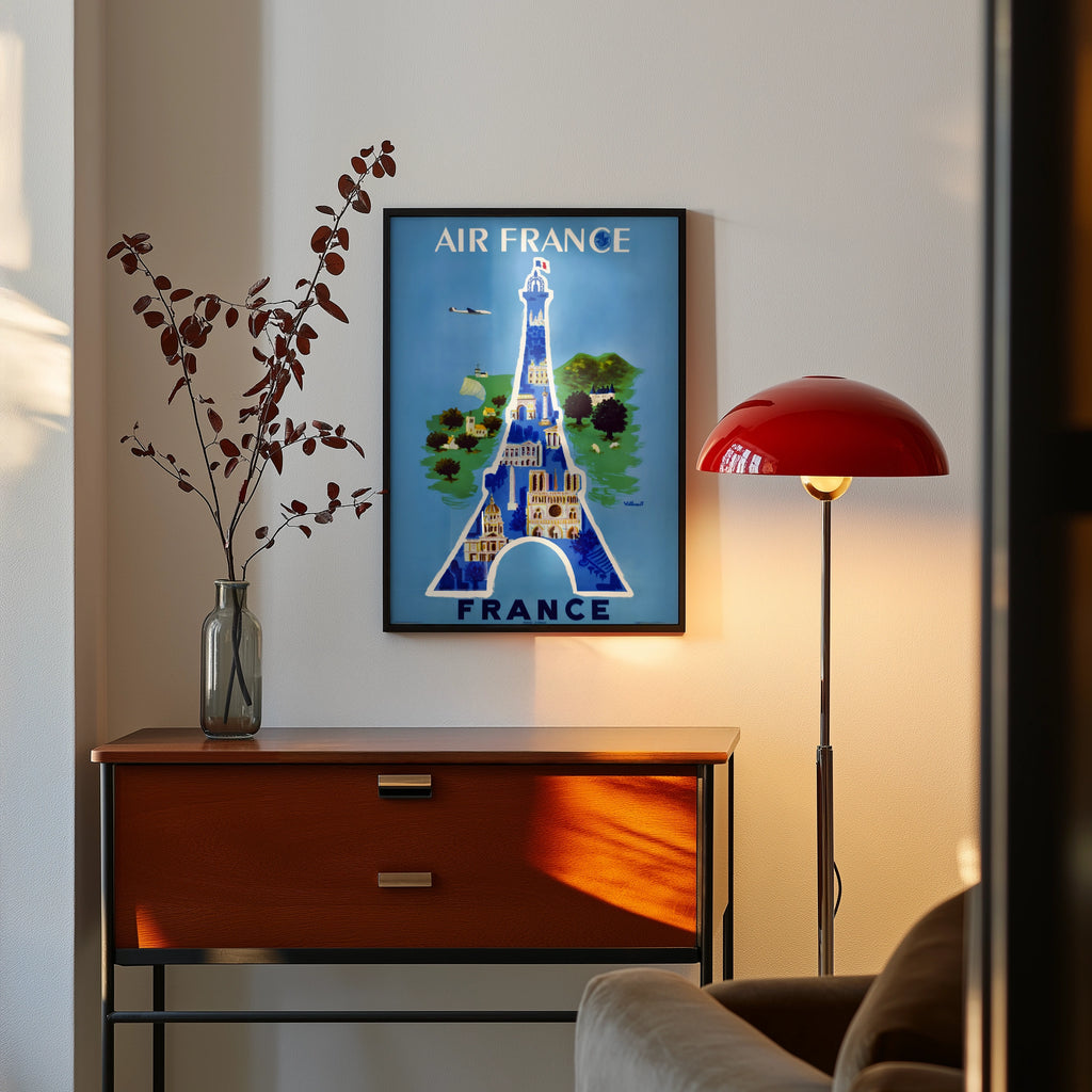 Vintage France Travel Poster, Air France, 1950 - Eiffel Tower Art Print