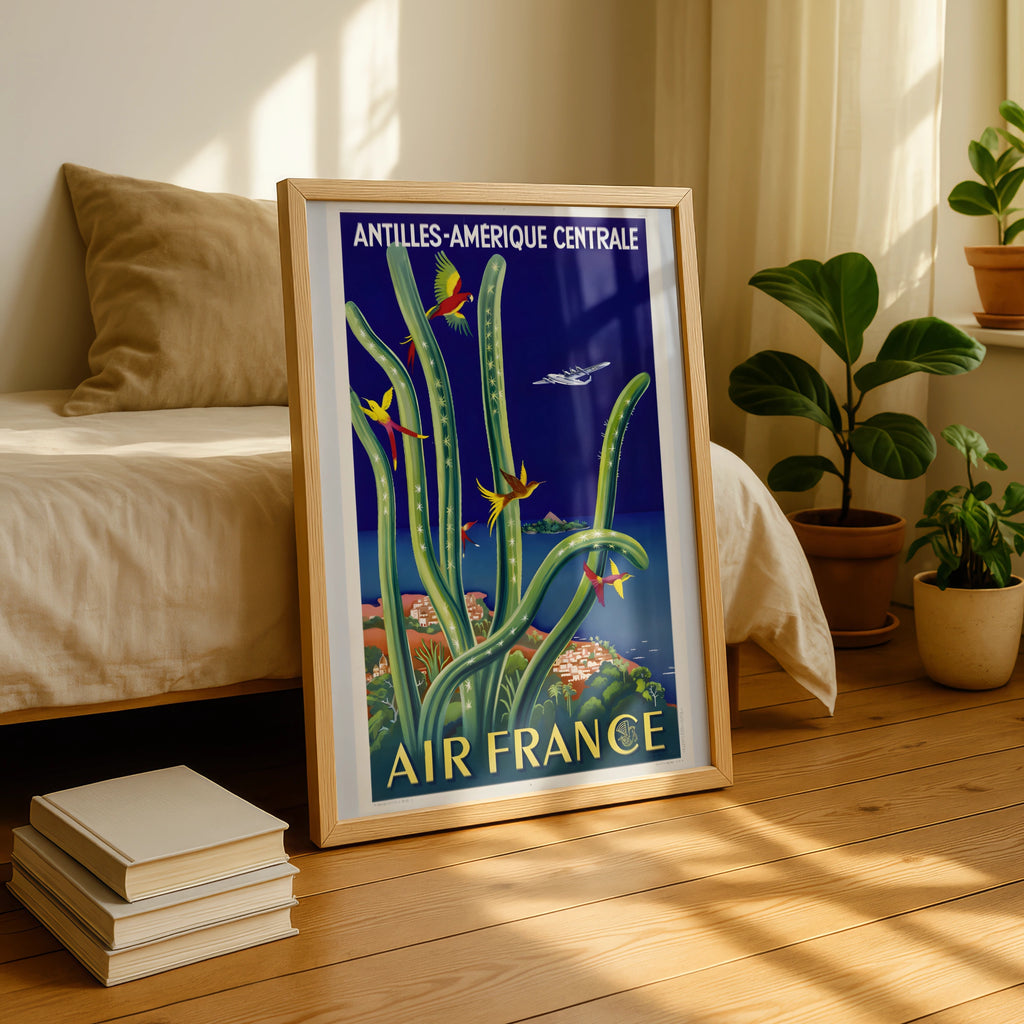 Vintage Central America Travel Poster 1950, Air France Antilles Amerique Centrale, Tropical Bird Art Print