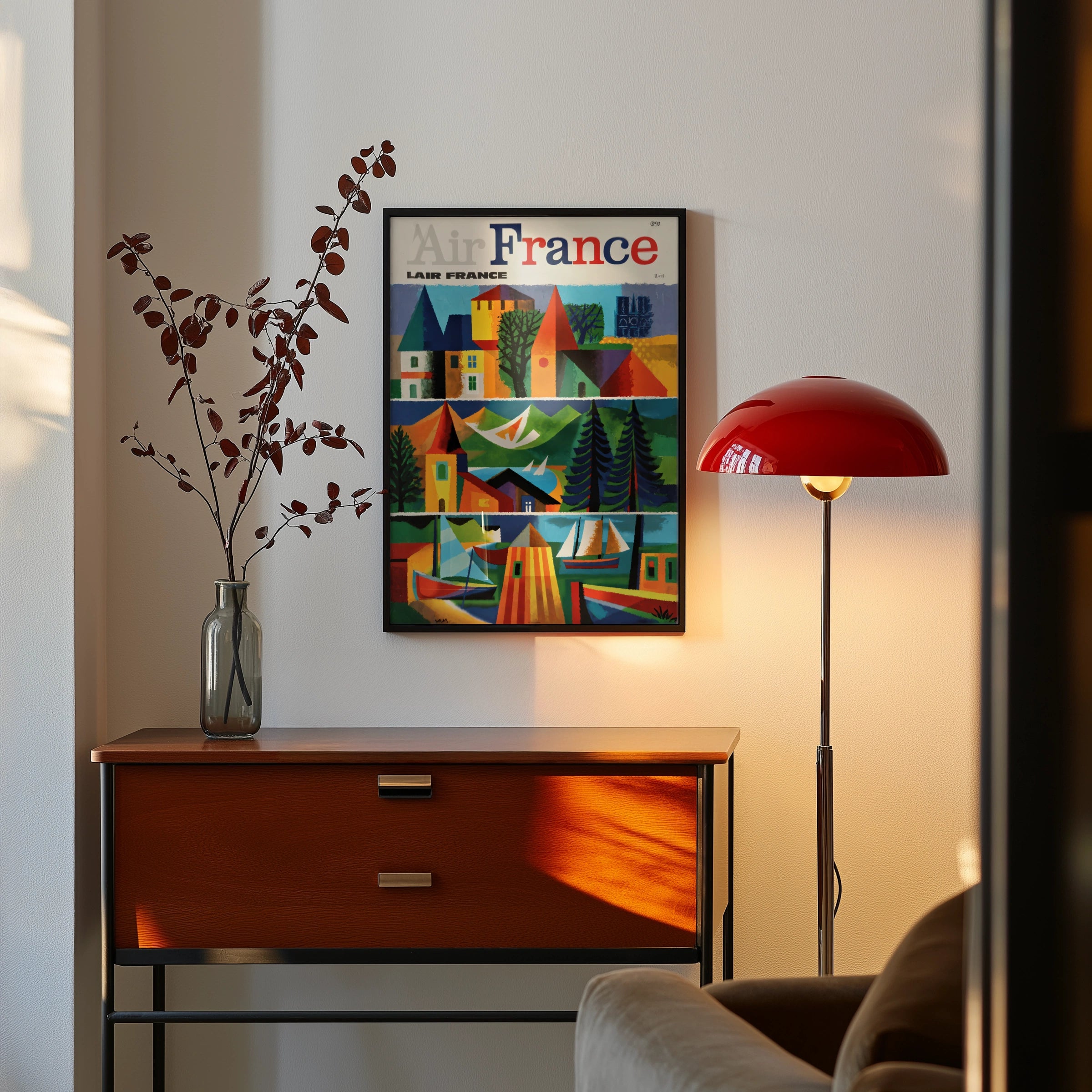 Vintage Air France France Travel Poster, 1950s French Cubist Graphic Art Print, Colourful Mid-Century Wall Decor