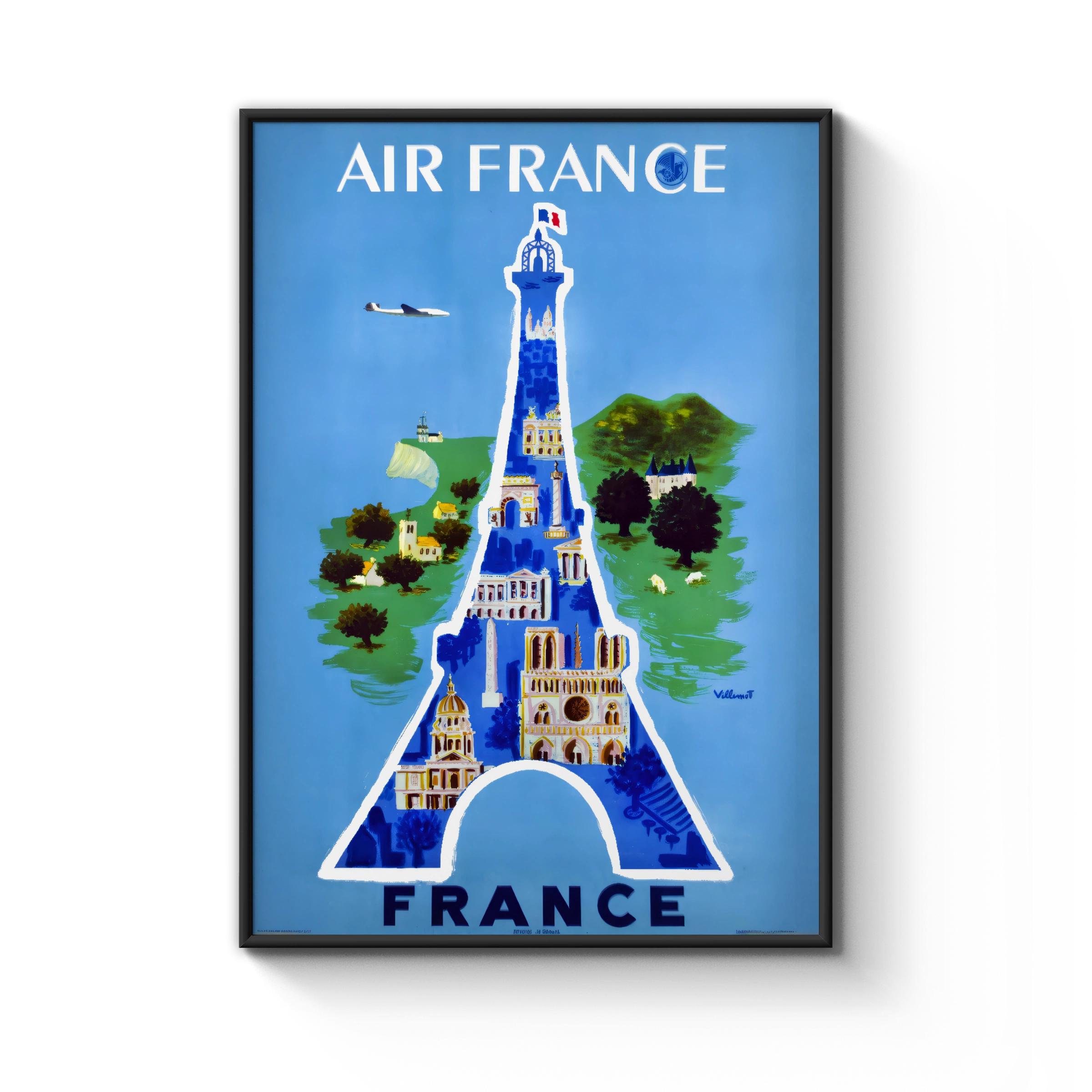 Vintage France Travel Poster, Air France, 1950 - Eiffel Tower Art Print