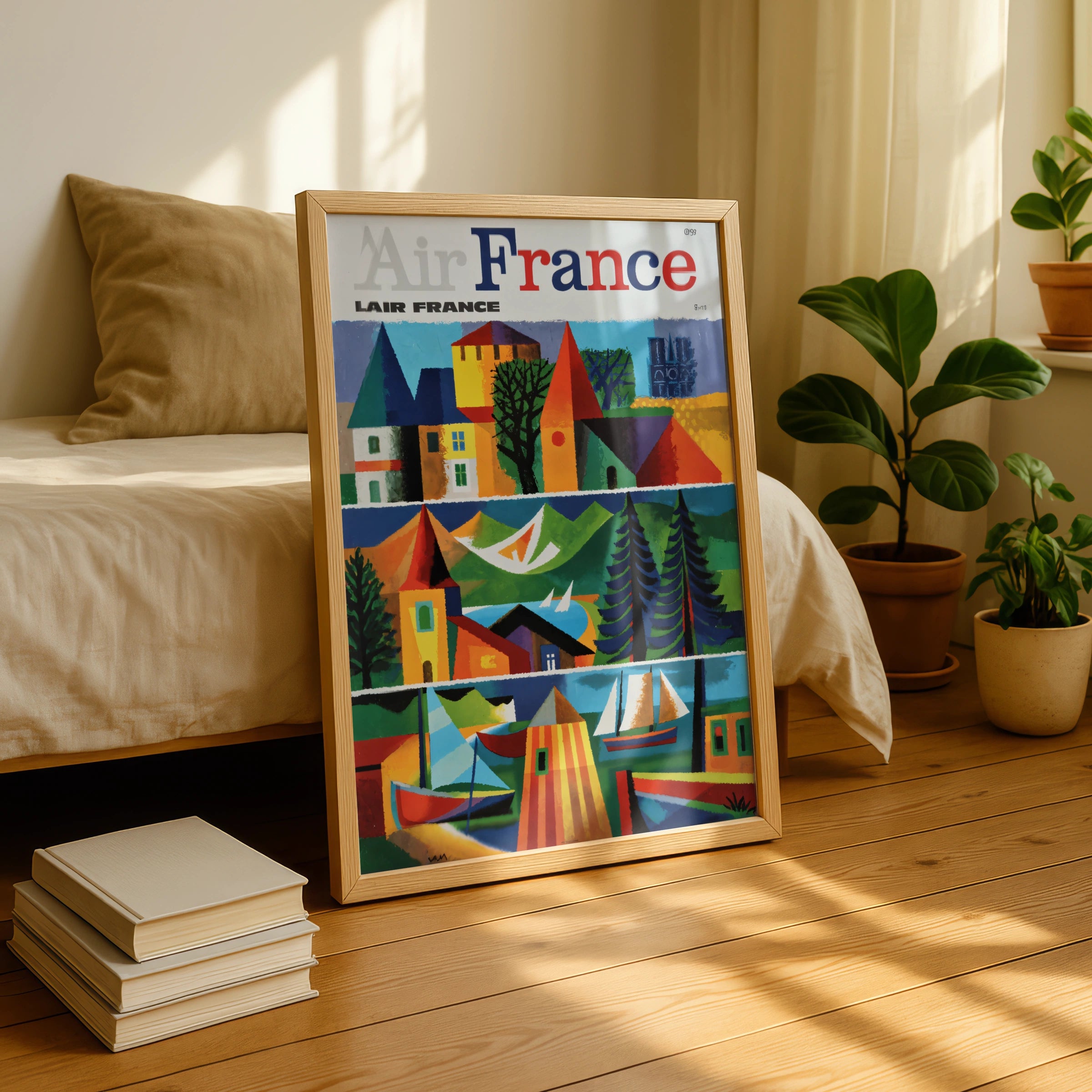 Vintage Air France France Travel Poster, 1950s French Cubist Graphic Art Print, Colourful Mid-Century Wall Decor