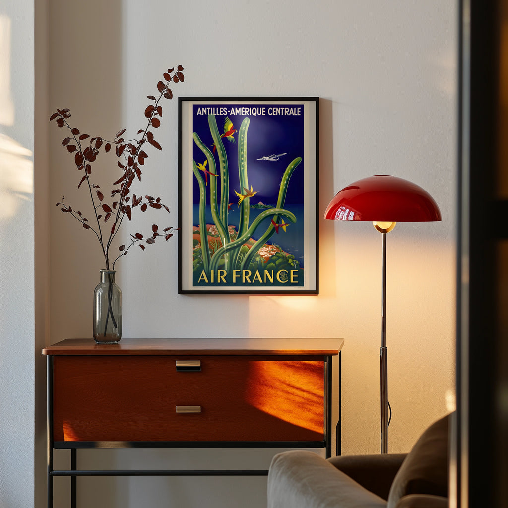 Vintage Central America Travel Poster 1950, Air France Antilles Amerique Centrale, Tropical Bird Art Print