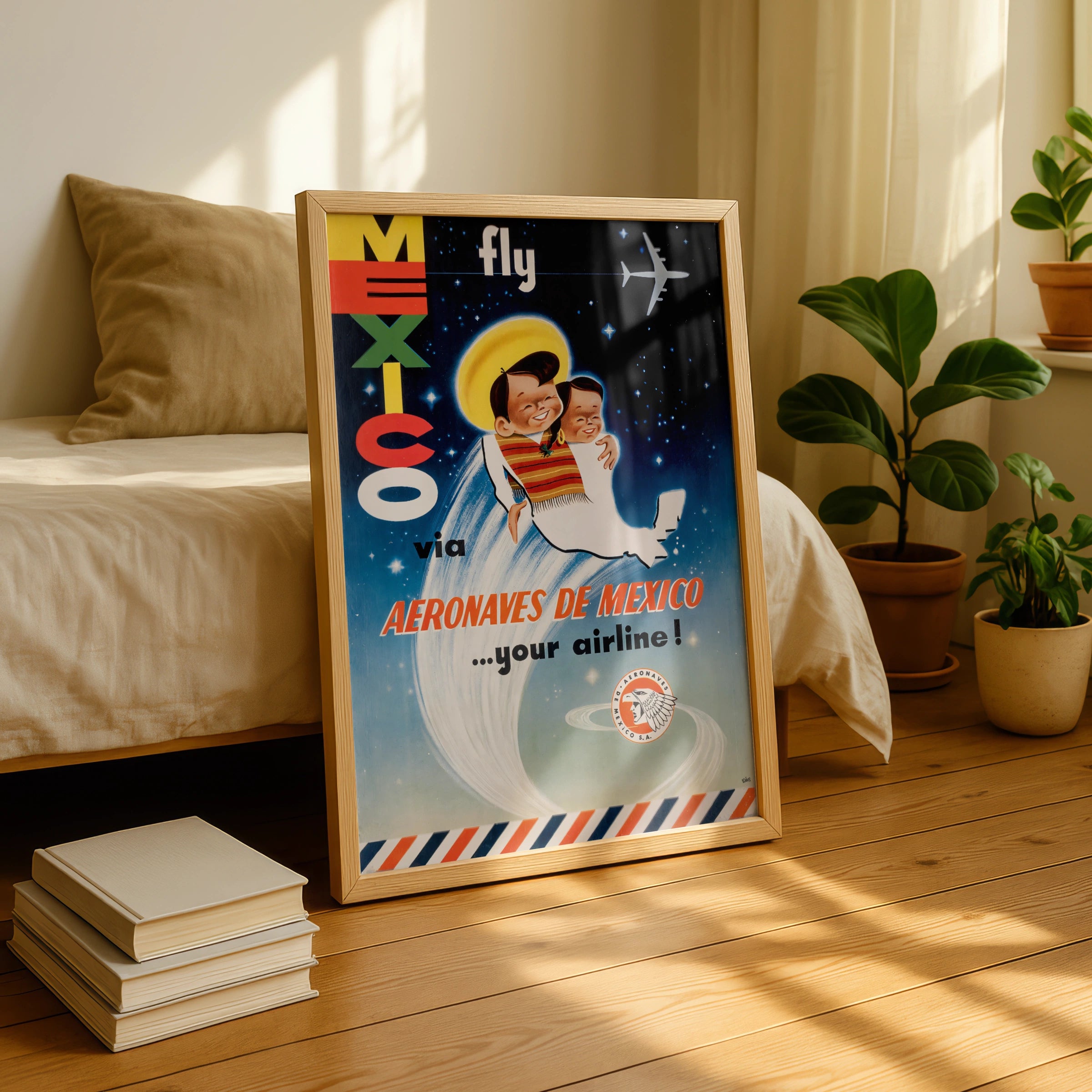 Vintage Mexico Travel Poster 1950, Aeronaves De Mexico Airline, Retro Aviation Wall Art Print