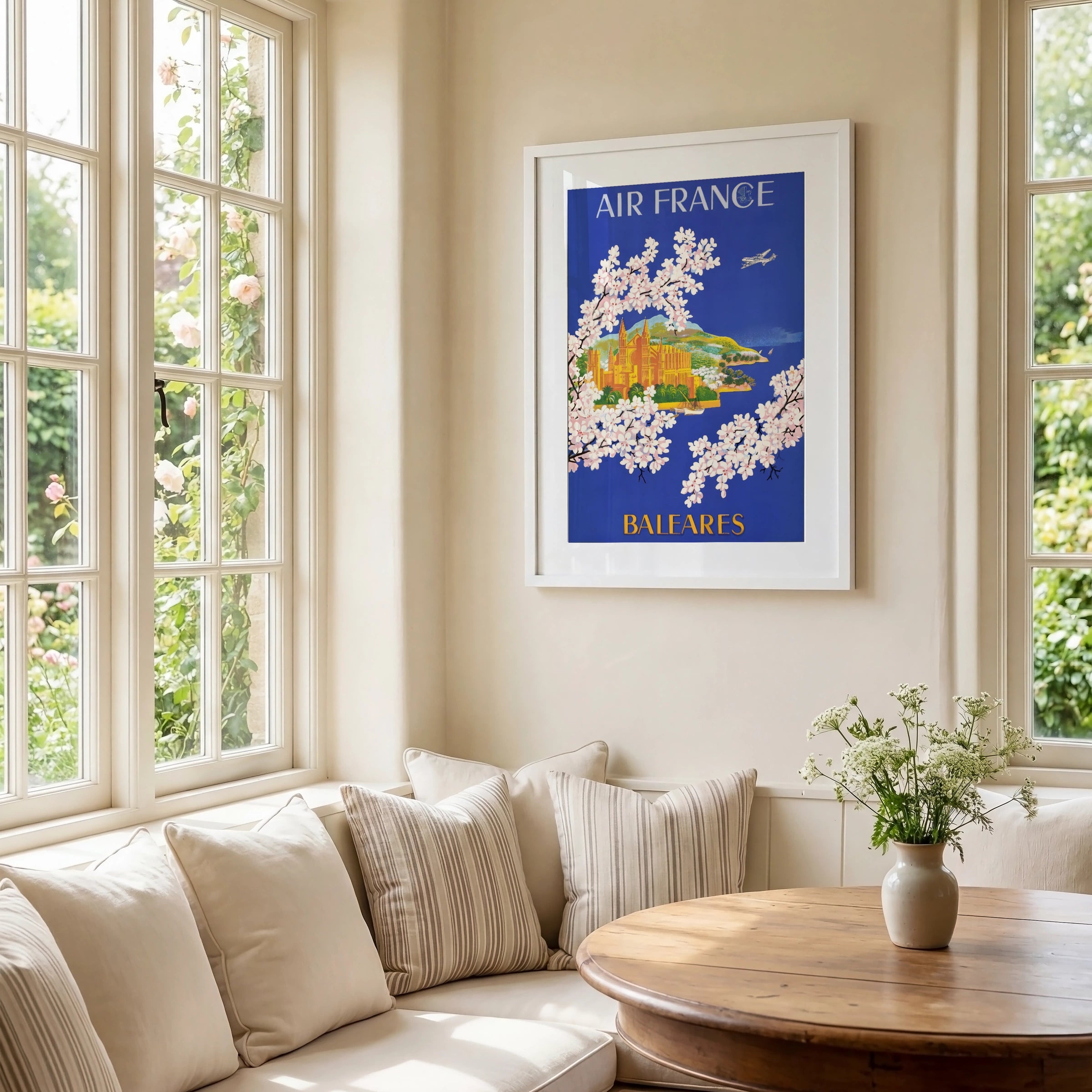 Vintage Balearic Islands Travel Poster, Air France Art 7099, Floral Motif, Vintage Airline Print, Blue Wall Art